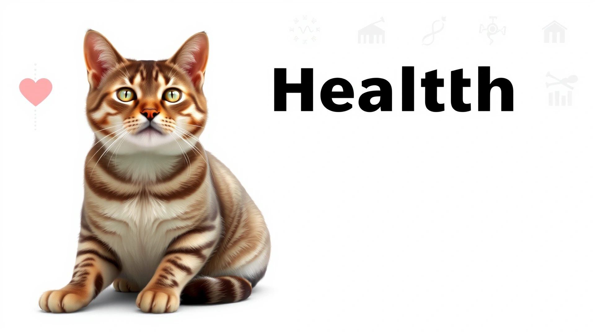 Illustration of a healthy tabby cat sitting calmly on a white background with subtle medical-themed icons in the background, representing general feline health