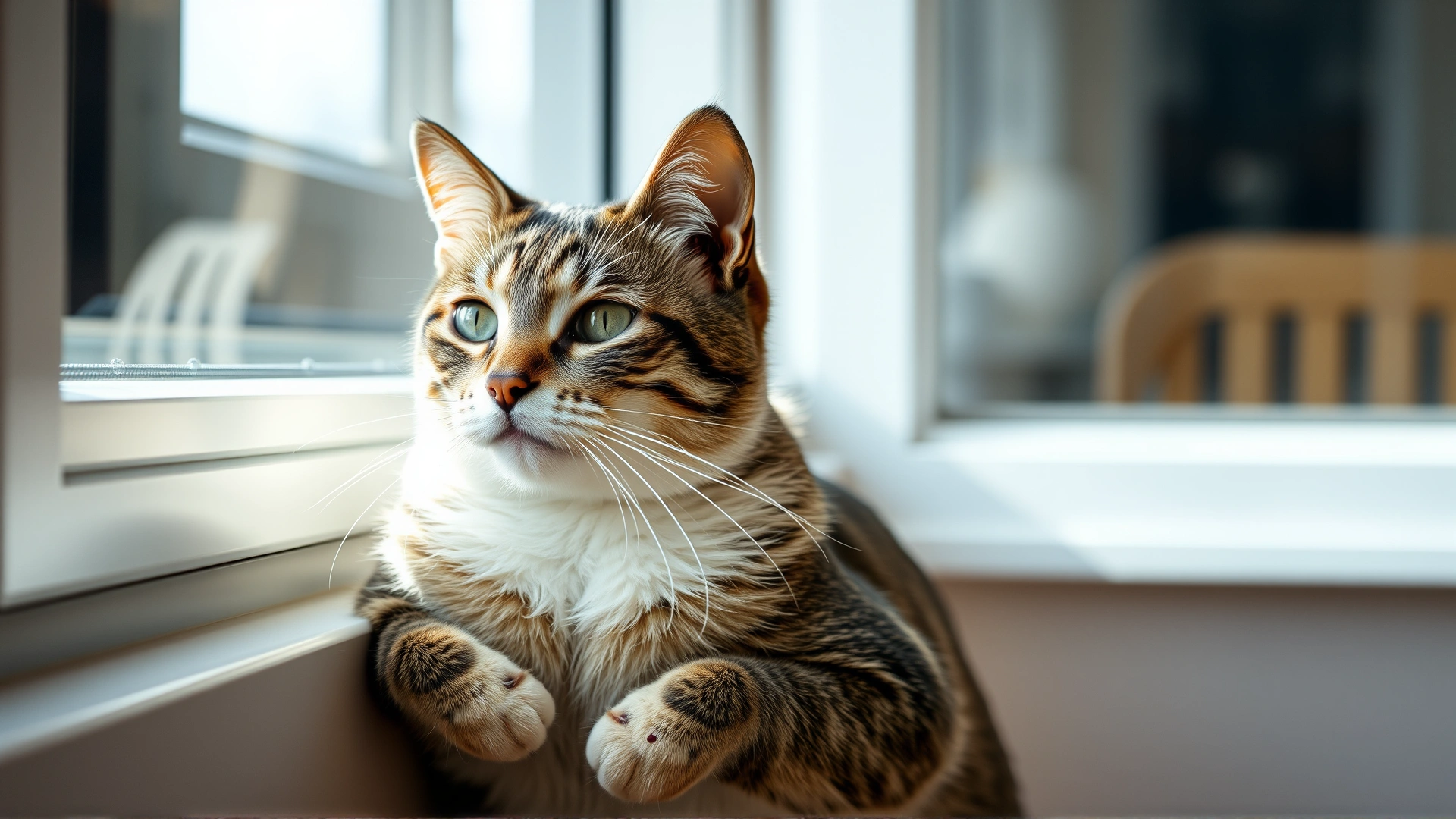 Domestic shorthair cat sitting by a window, subtle scab visible on its paw, bright and airy interior, shallow depth of field, high resolution