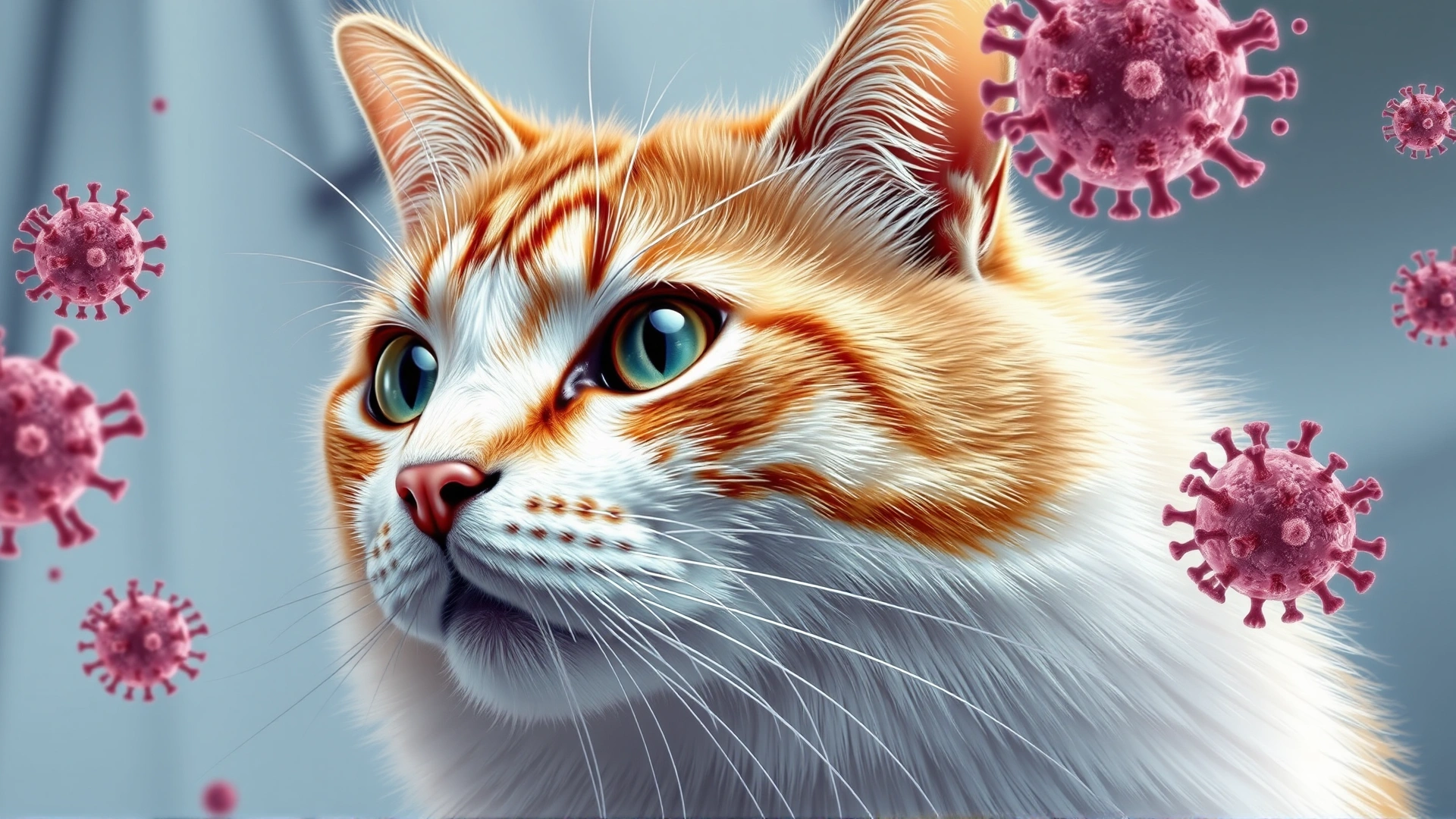 Illustration of a domestic cat with faint overlay of herpesvirus particles, veterinary-themed background, high resolution