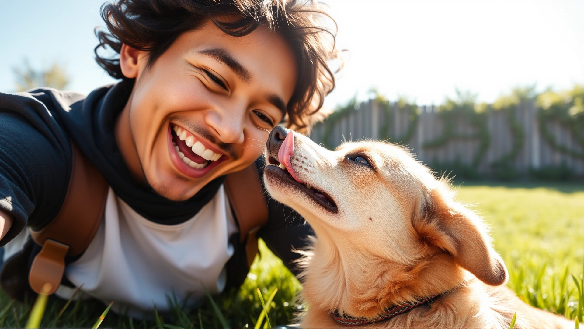 Wide-angle shot of an owner laughing while their medium-sized dog licks their face on a sunny grassy lawn, bright and cheerful atmosphere, natural light, high resolution