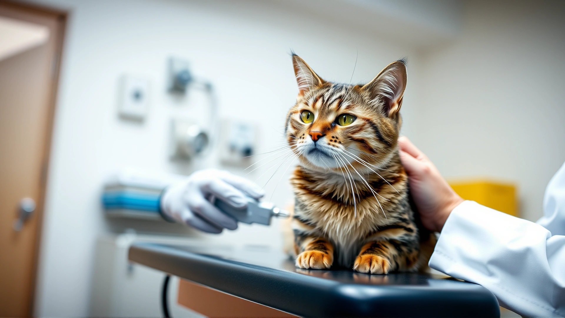 Veterinarian examining a calm tabby cat on an examination table, bright clinic setting, focus on cat with gentle depth of field