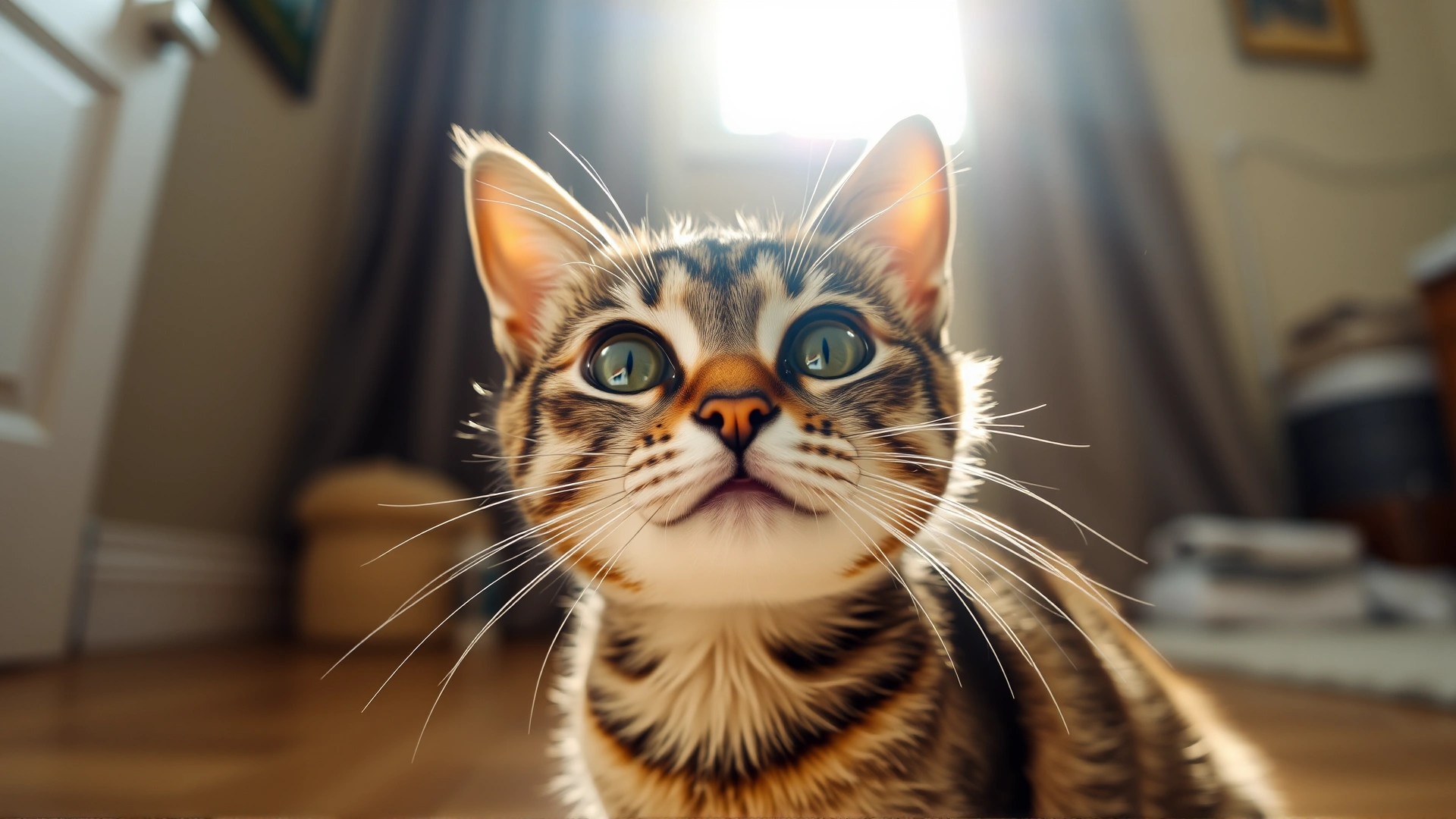 Wide angle shot of a curious tabby cat indoors with soft sunlight highlighting its eyes, creating an inviting hero banner feel, no text.
