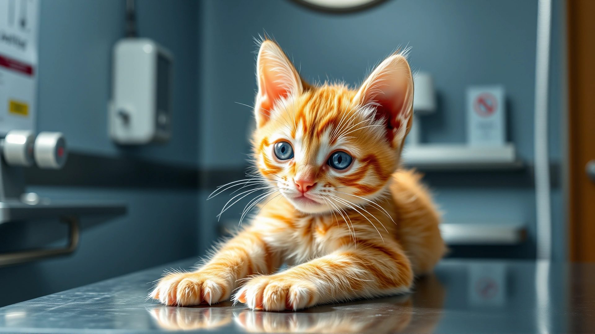 Close-up of an alert orange tabby kitten on a stainless steel examination table with soft clinic lighting; high-resolution photo, no text