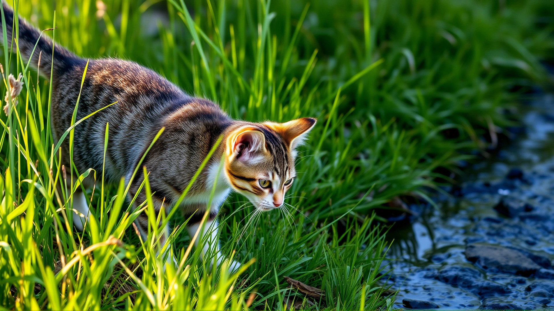 Playful tabby cat exploring tall green grass near a small stream, symbolizing exposure to waterborne parasites, bright natural sunlight