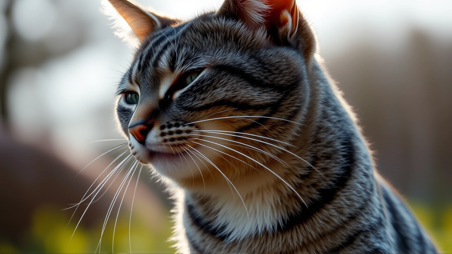 Illustrative photo of a grey tabby cat taking a deep breath outdoors in soft morning light, chest area emphasized, no text