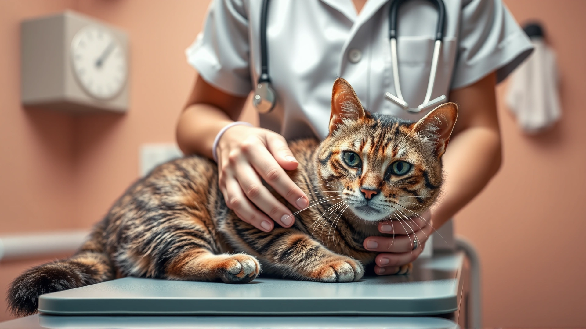 Wide shot of a veterinarian gently examining a calm cat on an examination table with a softly lit clinic background, emphasizing professional care and parasite prevention