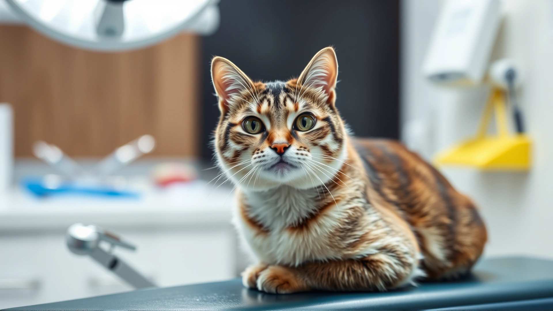 Wide shot of a calm, healthy cat sitting on a vet examination table with dental instruments blurred in the background, bright and inviting atmosphere