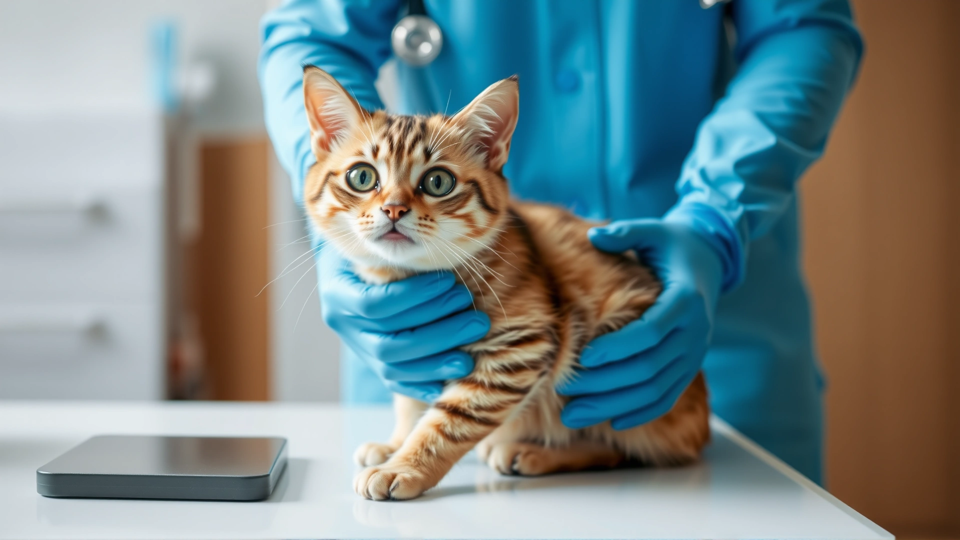 Wide-angle shot of a healthy but slightly anxious domestic cat sitting on a white veterinary examination table, veterinarian hands wearing blue gloves gently holding the cat for inspection, bright clinical setting, high resolution.