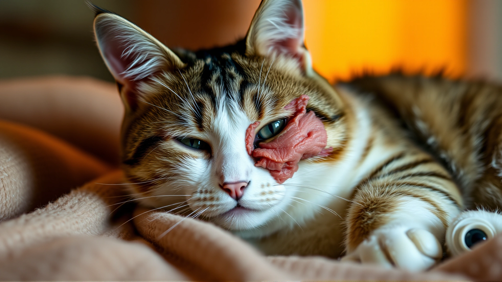 A worried cat with one side of its face slightly swollen, lying on a soft blanket, warm lighting, high detail