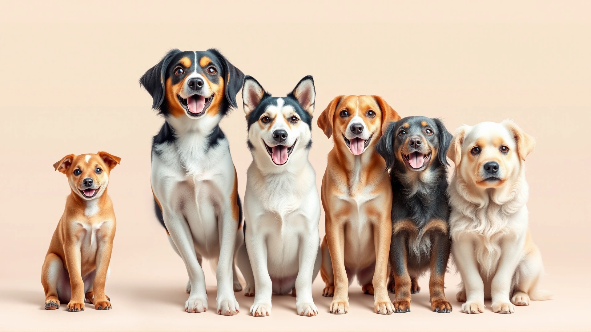 A cheerful lineup of dogs from smallest puppy to elderly dog against a soft pastel gradient background, symbolizing life stages, high resolution, wide aspect ratio