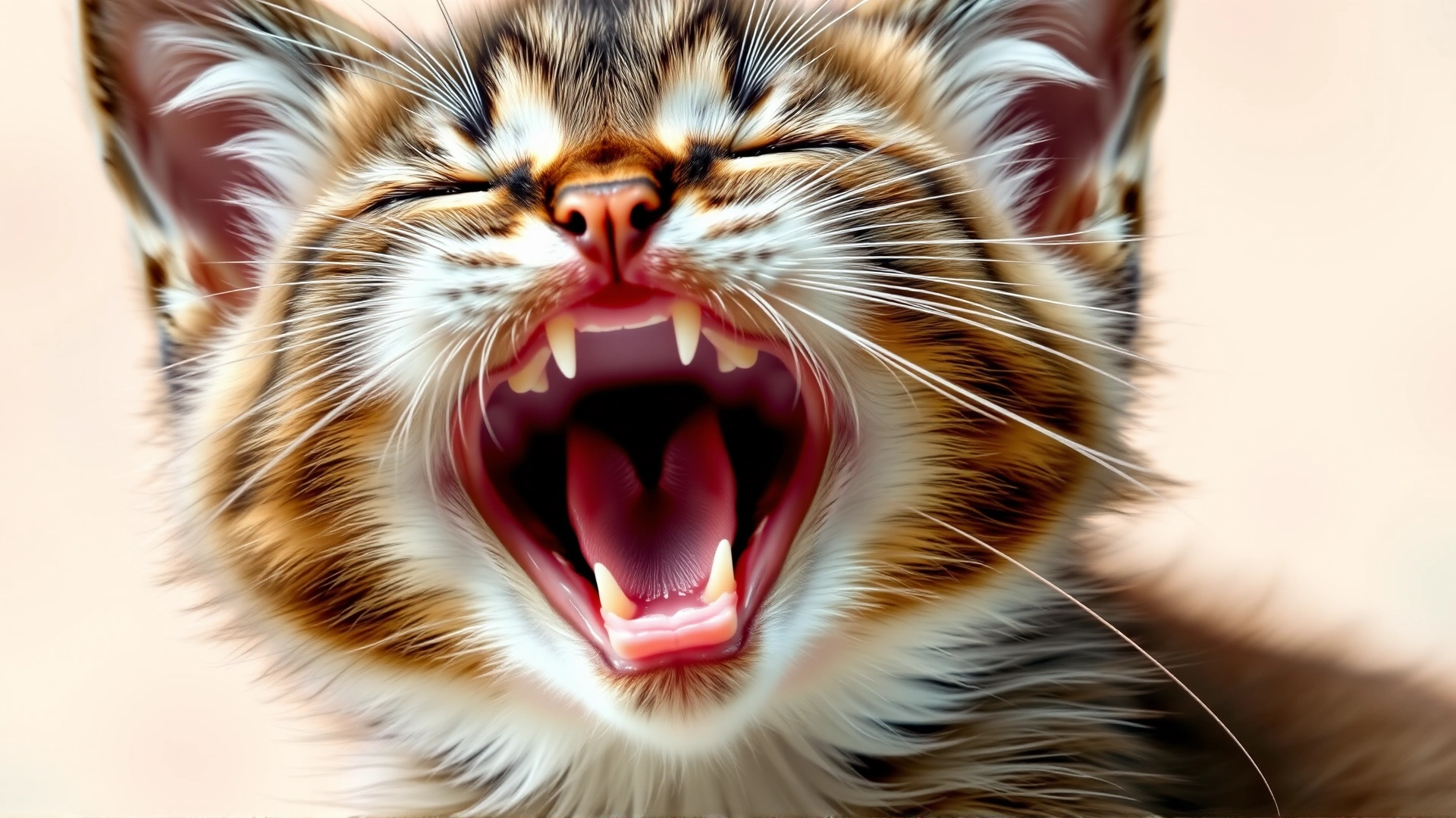 Playful kitten yawning and showing tiny teeth with a soft pastel background, high-resolution, natural lighting.