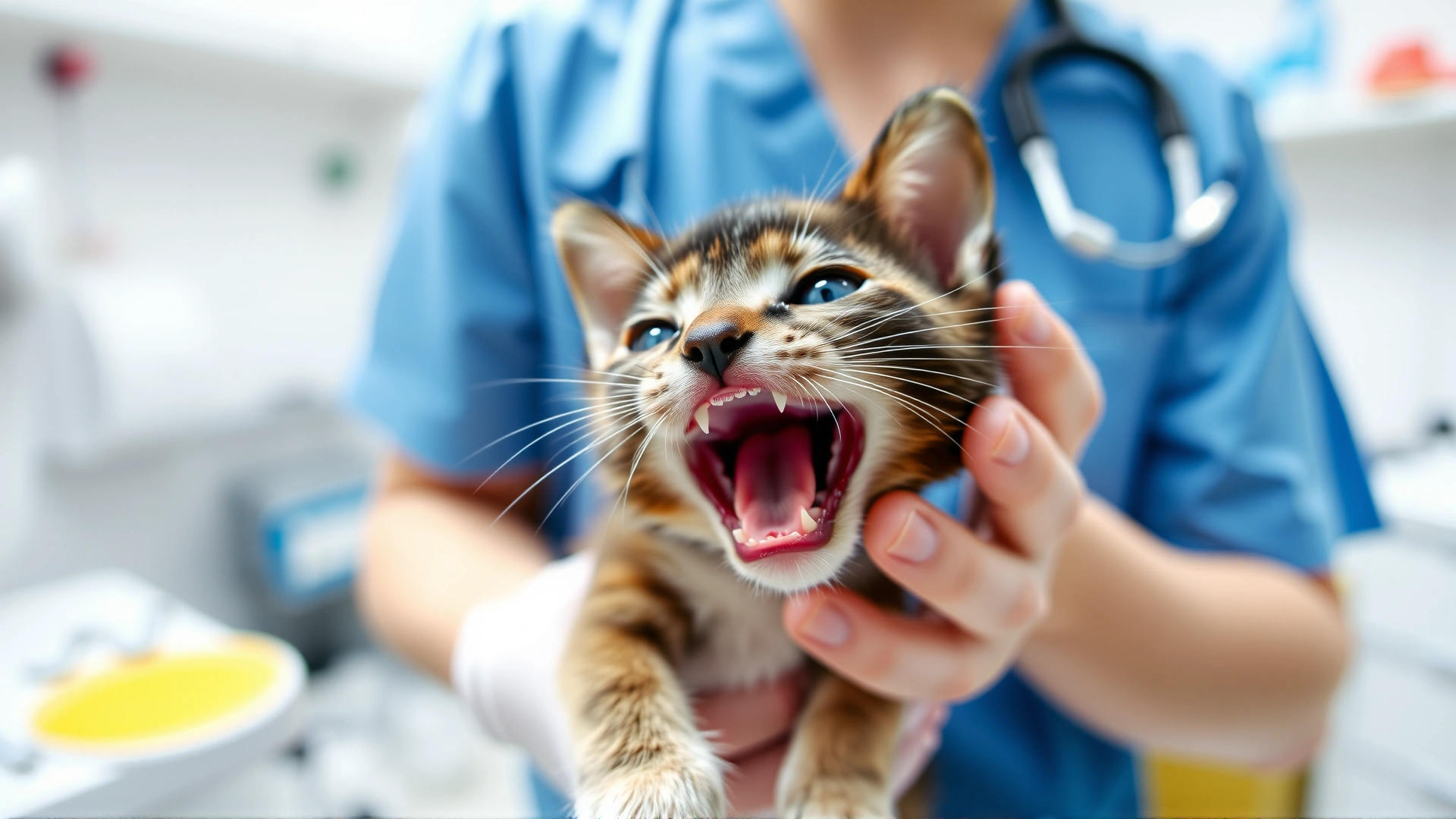 Wide-angle shot of a veterinarian holding a tiny kitten and opening its mouth to inspect the palate, with clinic equipment blurred in the background, bright and hopeful mood
