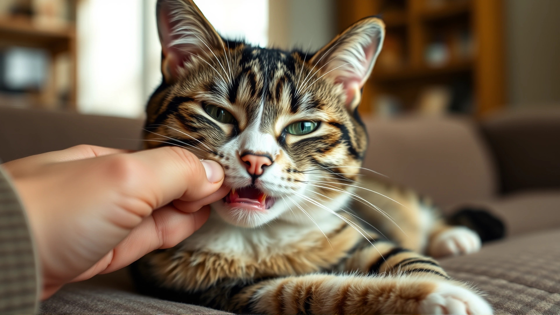 Wide shot of a relaxed domestic short-hair cat lying on a couch while a hand gently lifts its lip to reveal healthy pink gums; warm, cozy home environment, soft focus background.