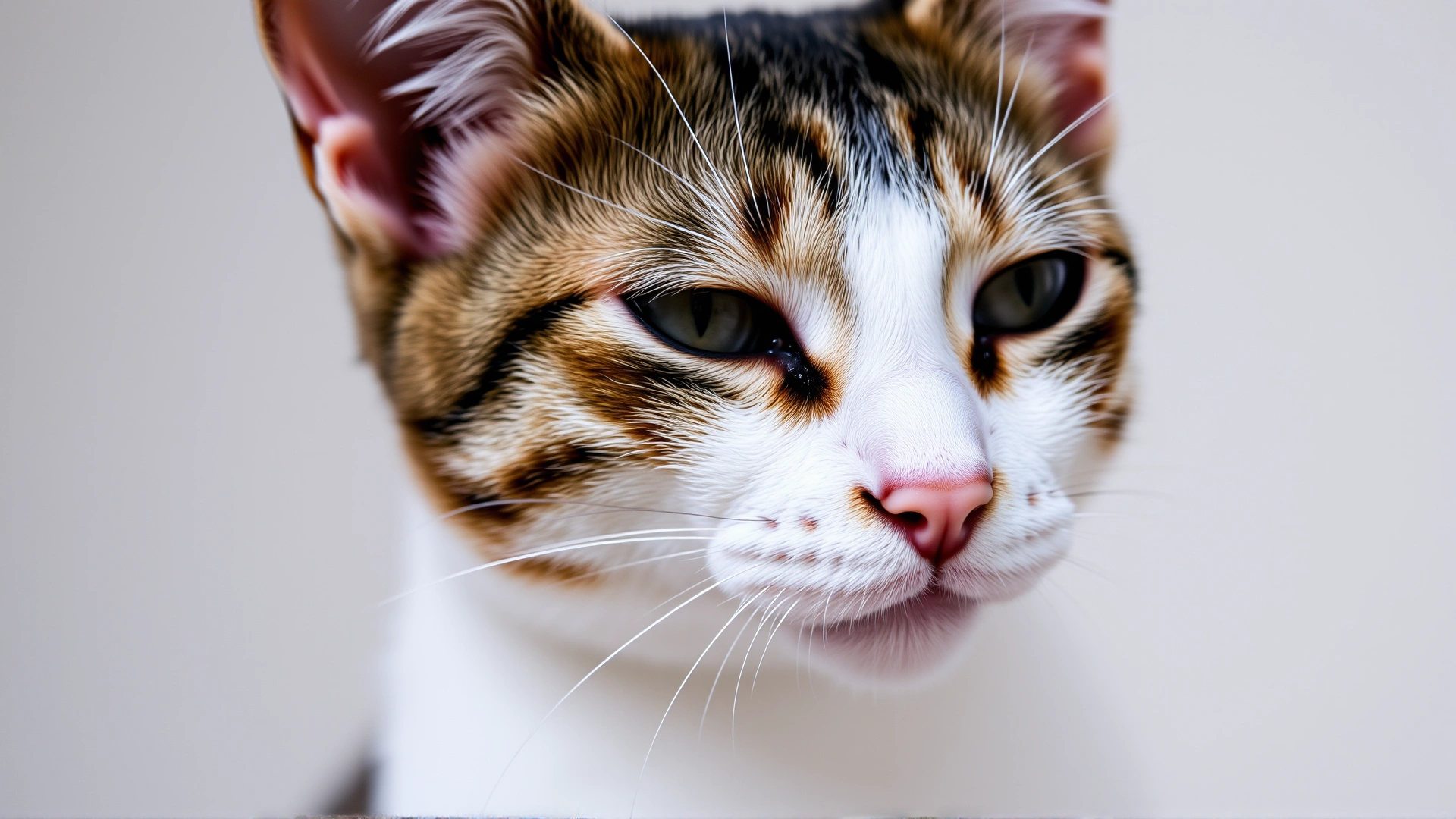 Close-up portrait of a domestic short-haired cat looking slightly to the side, focus on lower face and neck area, soft lighting, neutral background.