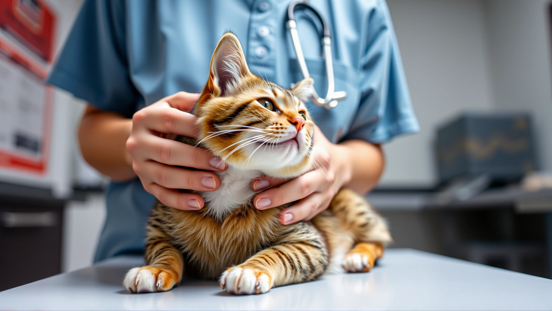 Wide shot of a veterinarian gently holding a cat on an exam table, focus on supportive hands and cat's neck area, bright clinic lighting