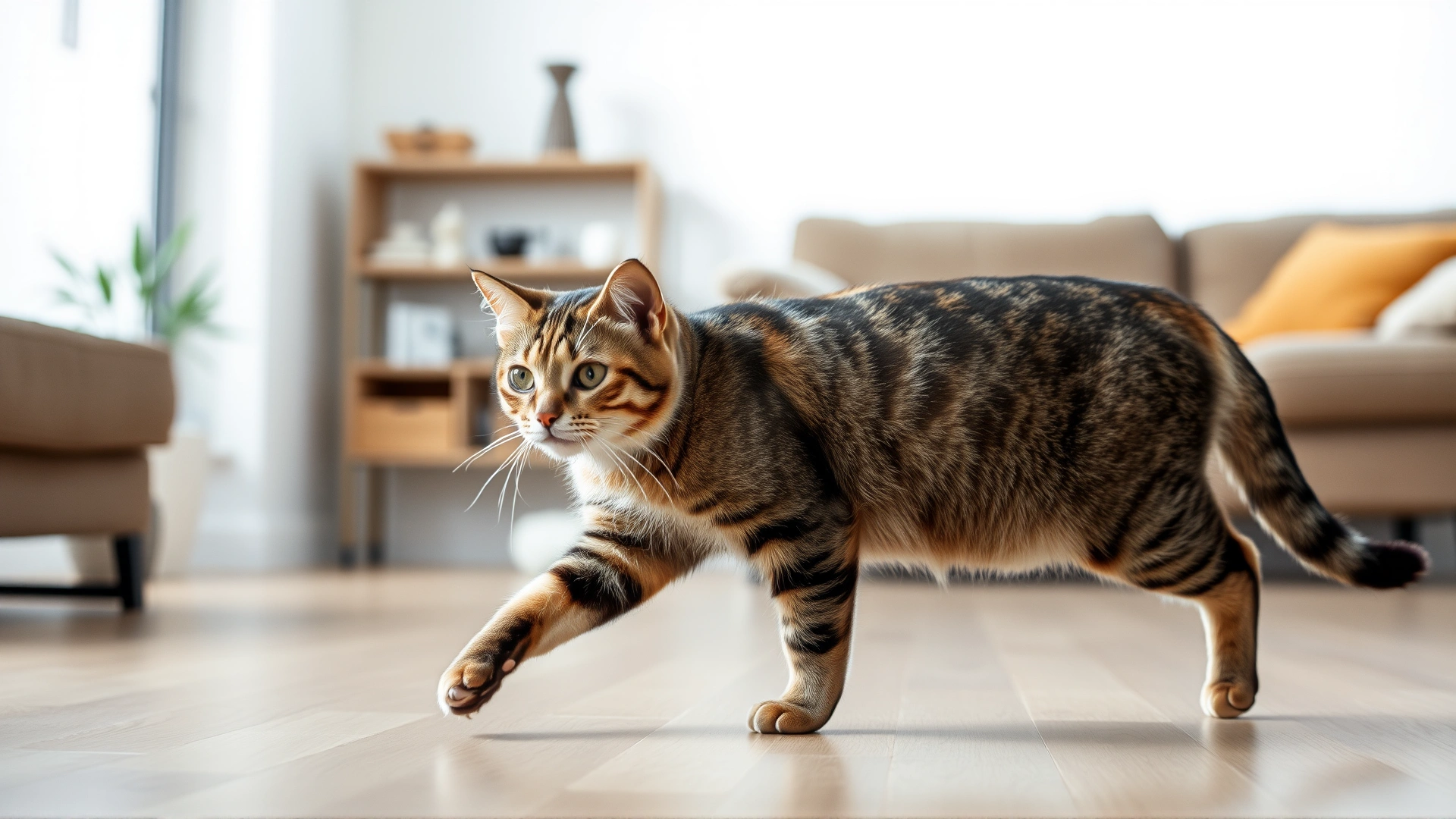 Wide shot of a healthy-looking cat walking cautiously across a living room floor with one paw slightly lifted, subtle soft-focus background