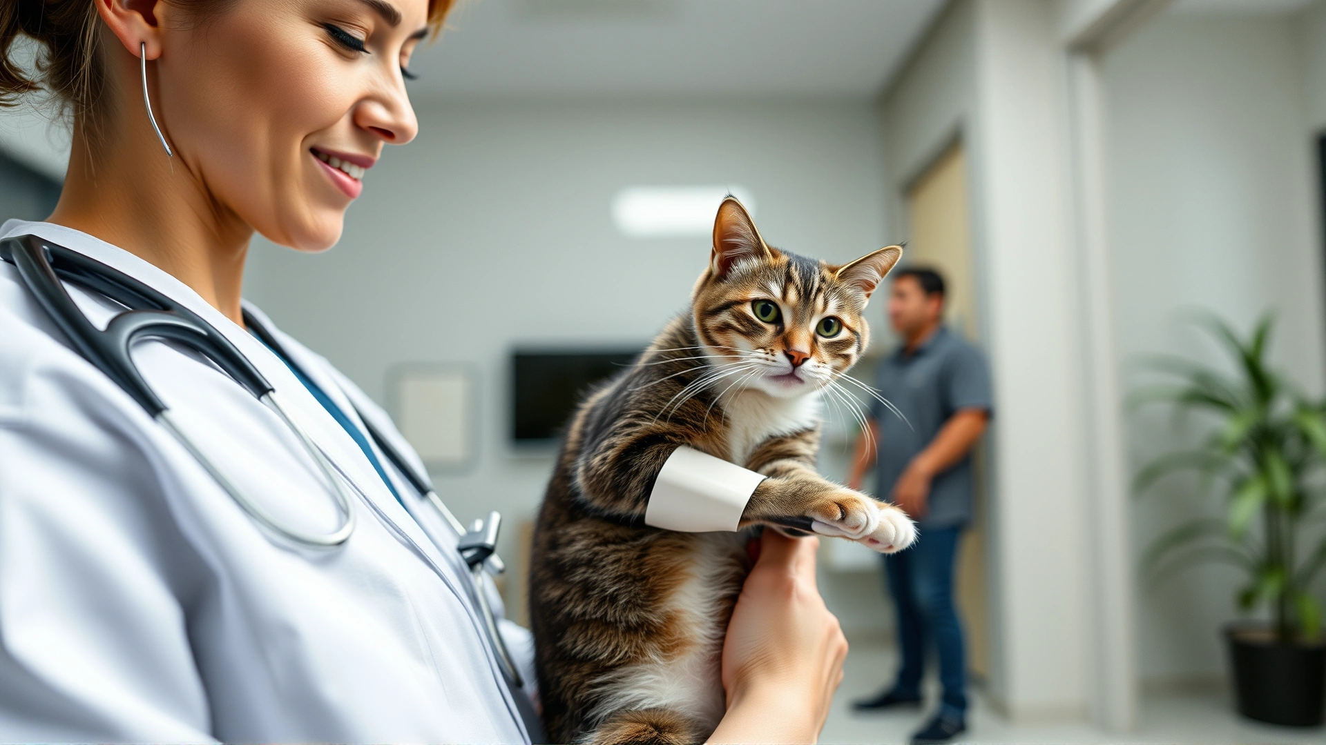 Wide-angle photo of a veterinarian gently holding a cat with a splinted hind leg while talking to the pet owner in a modern clinic; conveys care and professionalism.