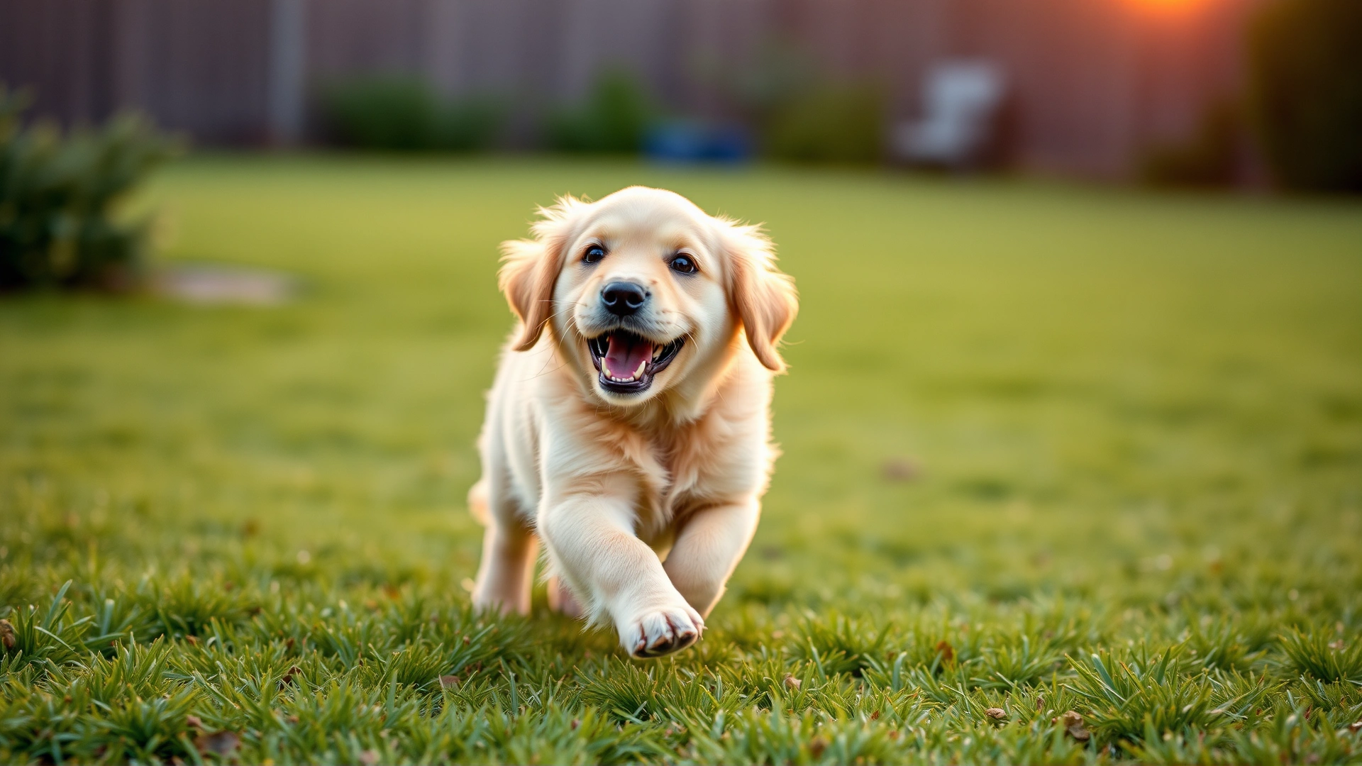 Playful 9-week-old golden retriever running on green grass in a backyard at sunset, motion blur, happy expression