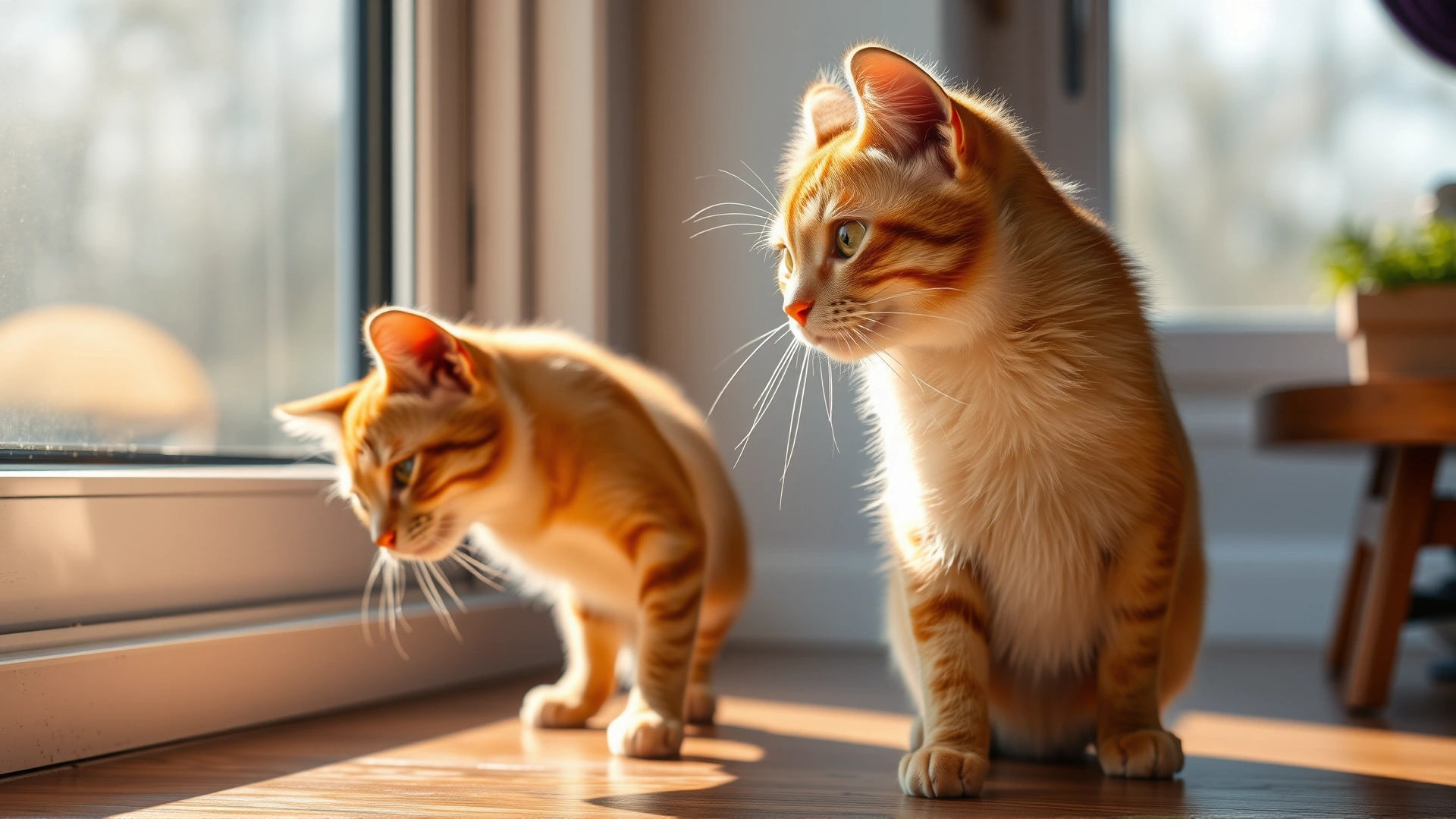 Wide banner of a healthy cat stretching in warm sunlight near a window, symbolizing muscle health and vitality, no text