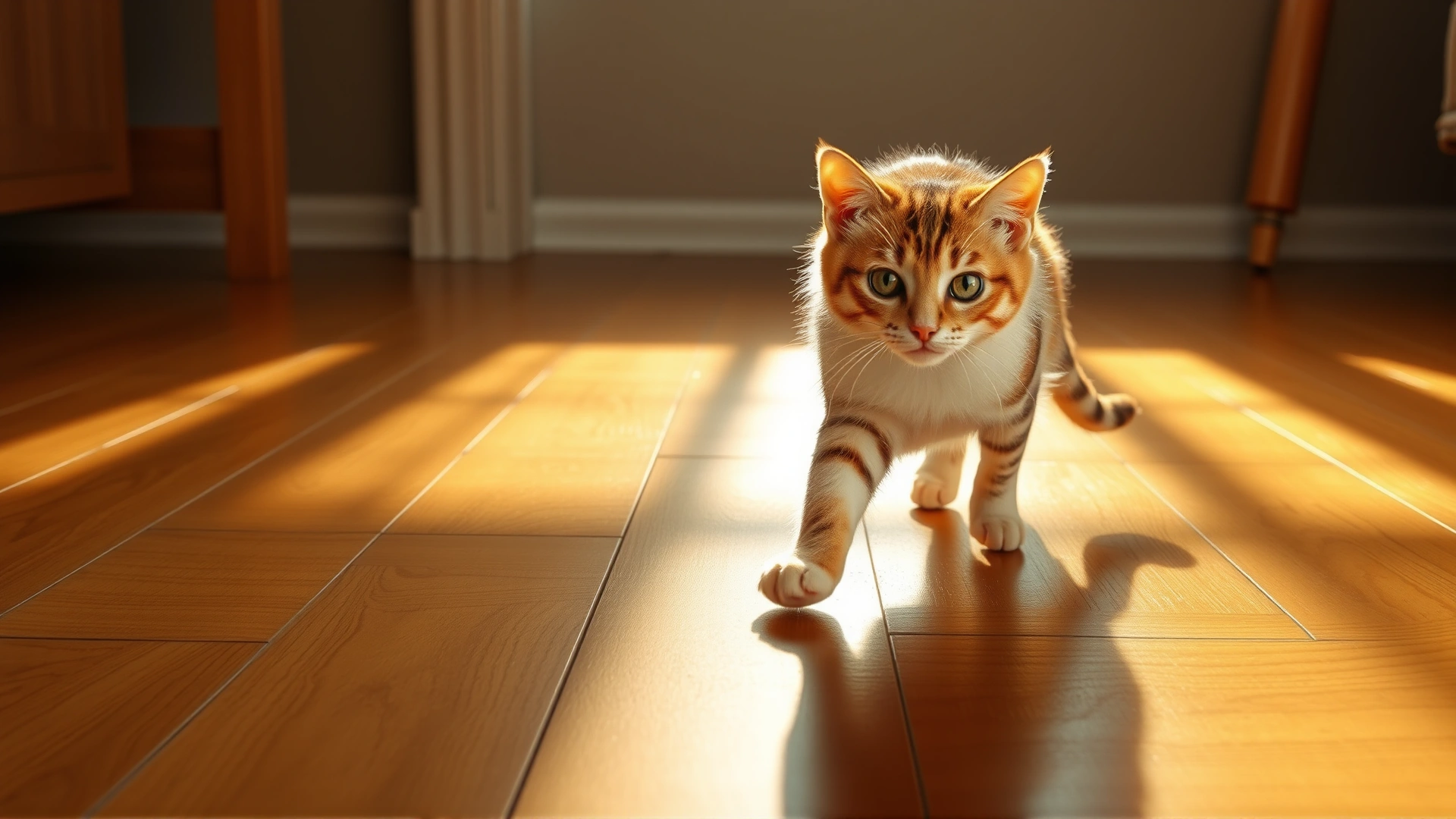 Wide hero banner showing a healthy domestic cat walking confidently across a wooden floor with warm sunlight highlighting its paws, no text.