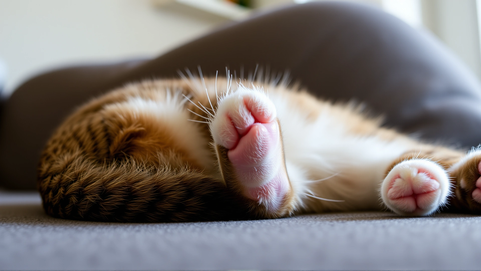 Close-up of a relaxed cat lying on a couch with a subtle muscle twitch in its hind leg, shallow depth of field, cozy home environment