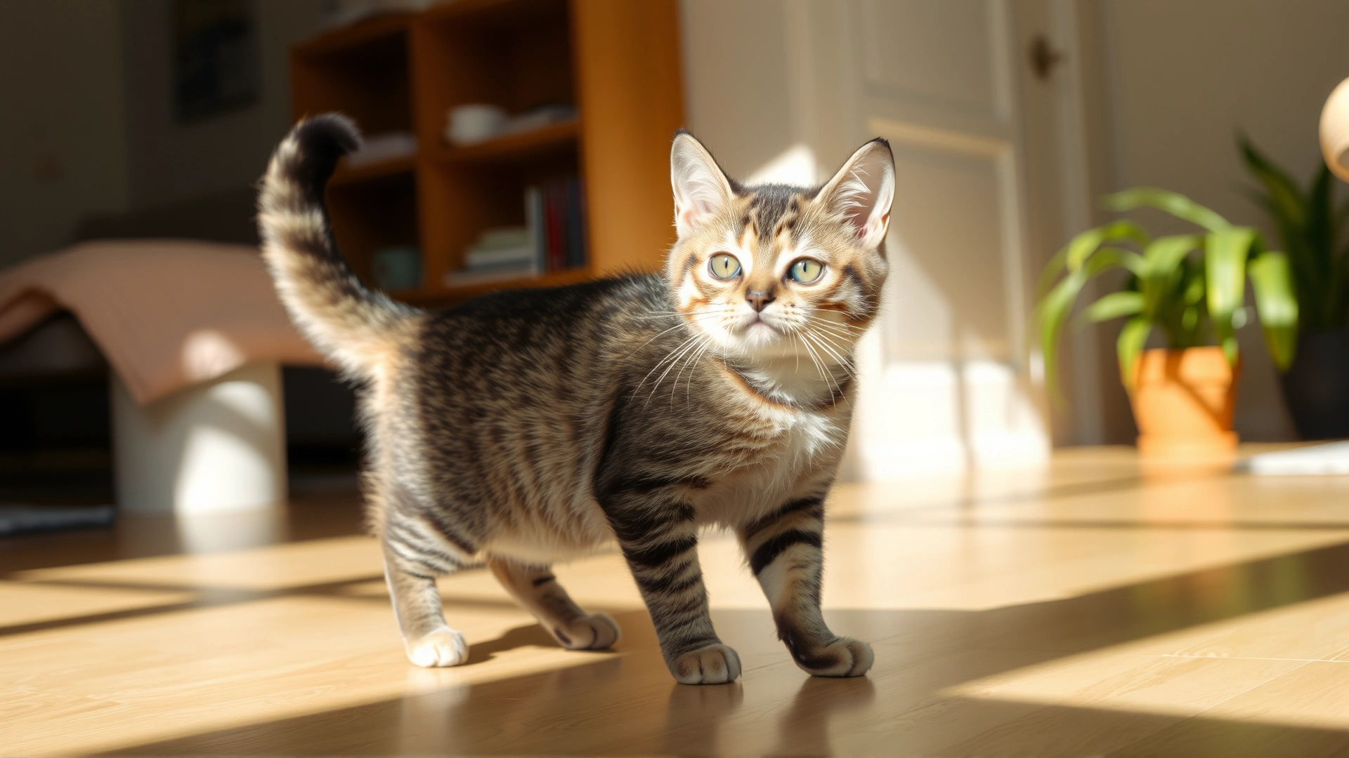 Young domestic shorthair cat walking with a slight limp across a sunlit living room floor, capturing movement and hinting at leg discomfort.