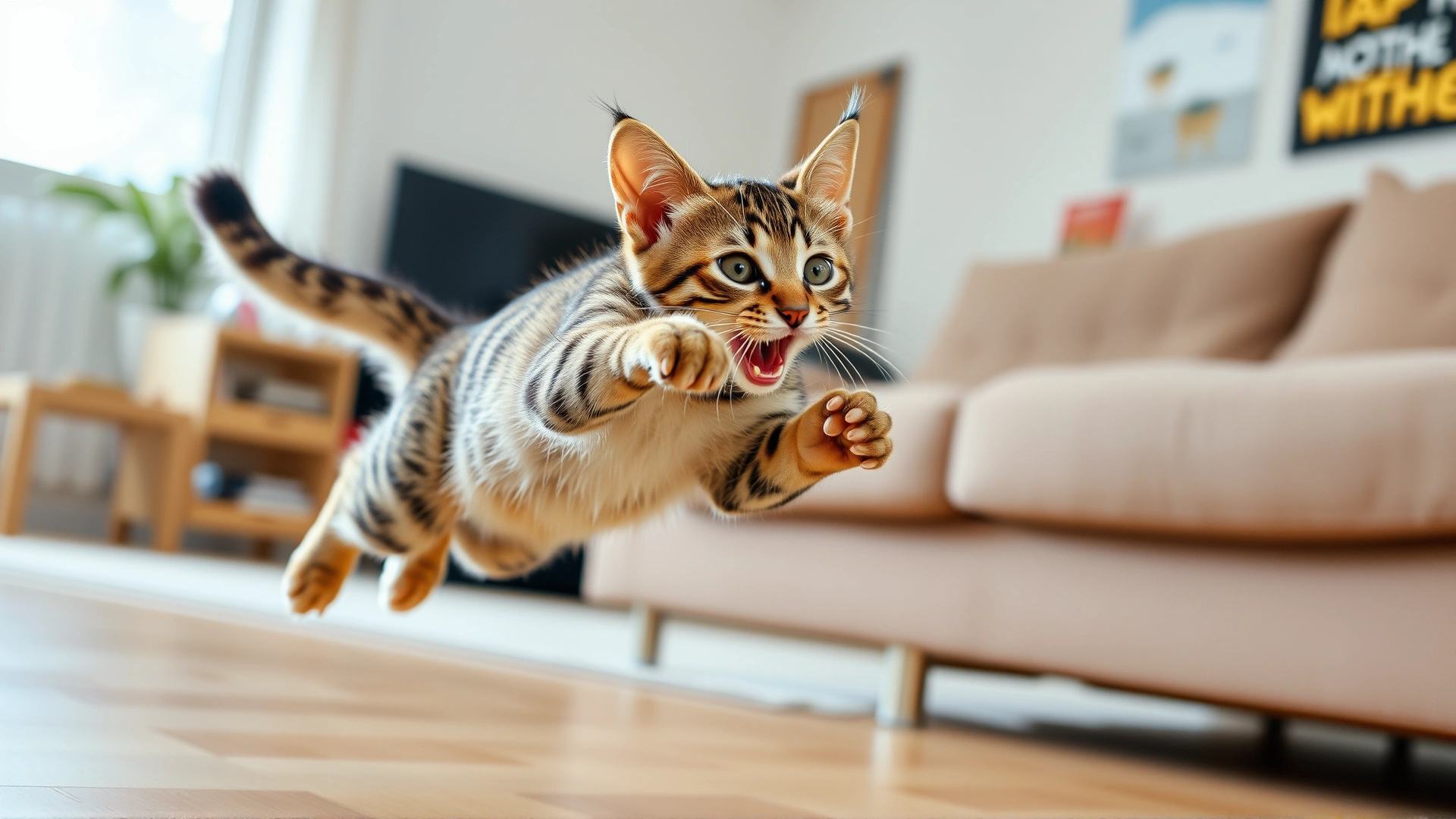 Energetic young tabby cat mid-leap in a living room, showcasing agility and muscular strength, motion blur background, high shutter speed photography