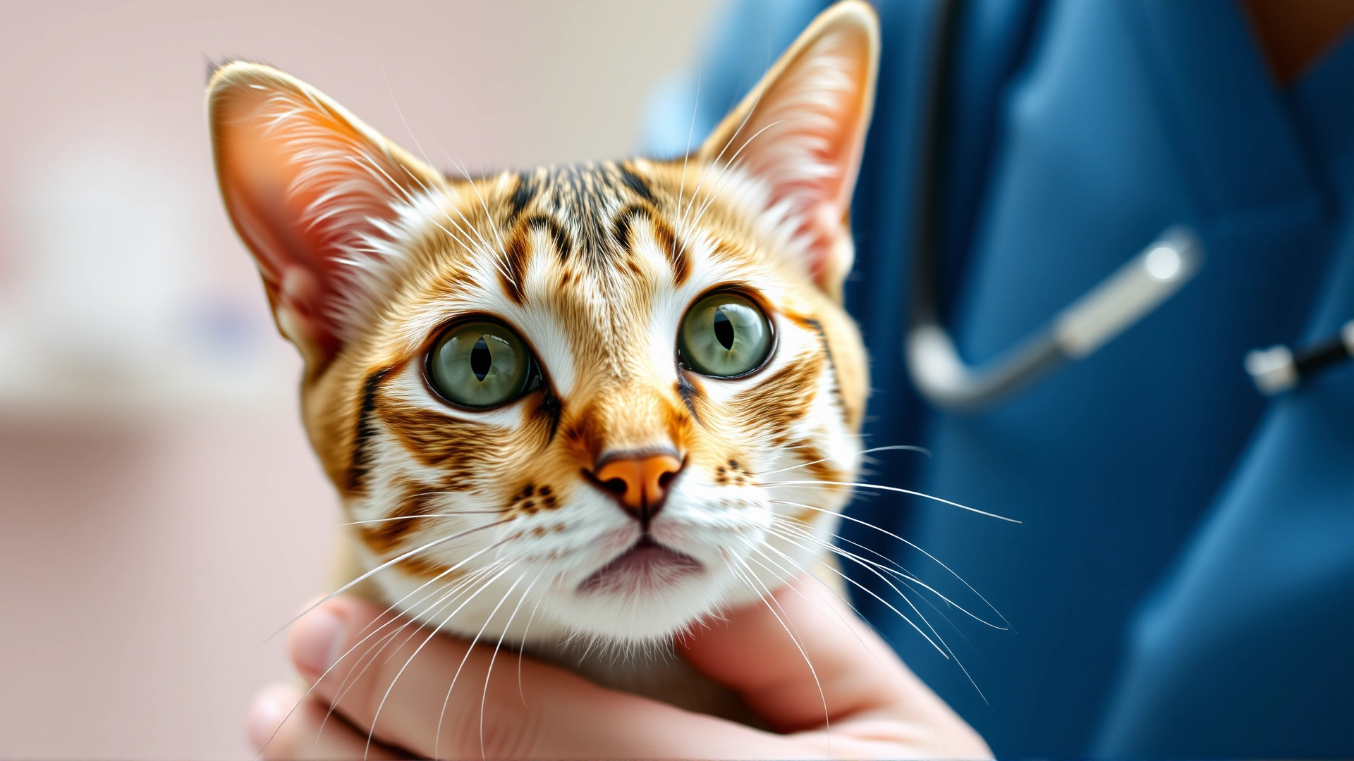 Close-up photo of a domestic short-haired cat being gently held by a veterinarian, focus on shoulder area, bright clinic background