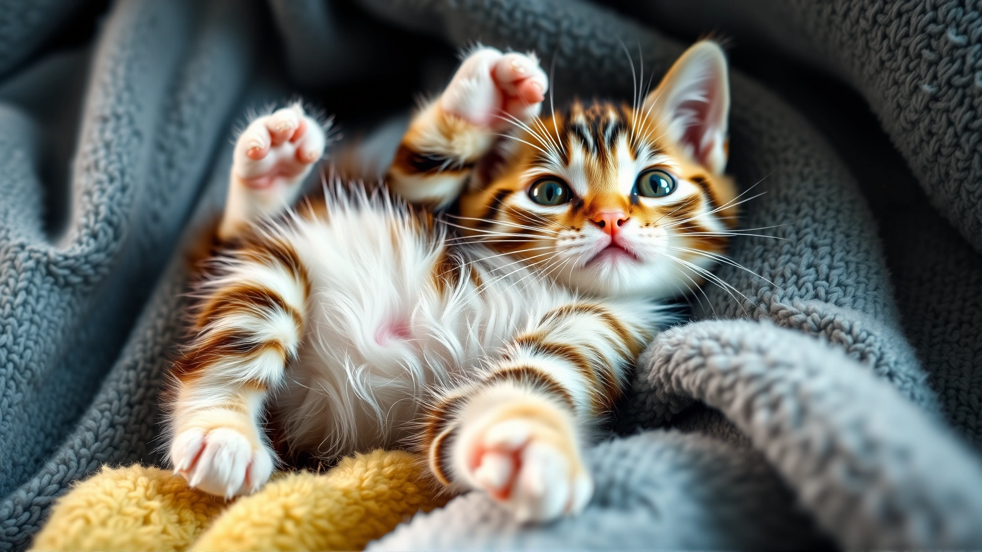 Wide-angle image of a playful kitten lying on its back with a slight belly bulge, surrounded by soft blankets; bright, inviting colors to serve as introductory banner