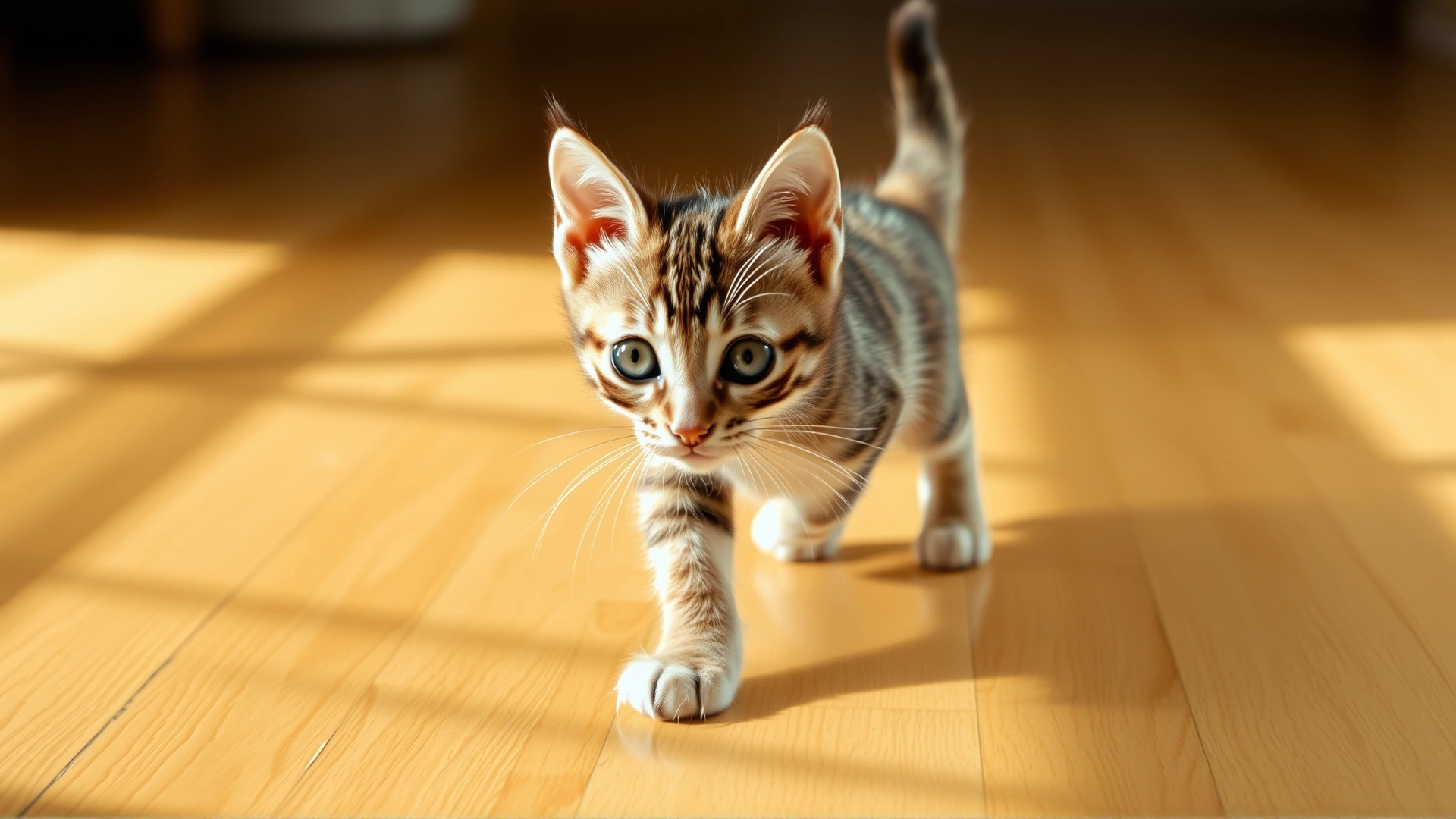 Wide shot of a curious kitten with mild wobble walking toward the camera on a sunlit wooden floor, capturing the essence of cerebellar hypoplasia without showing any distress.