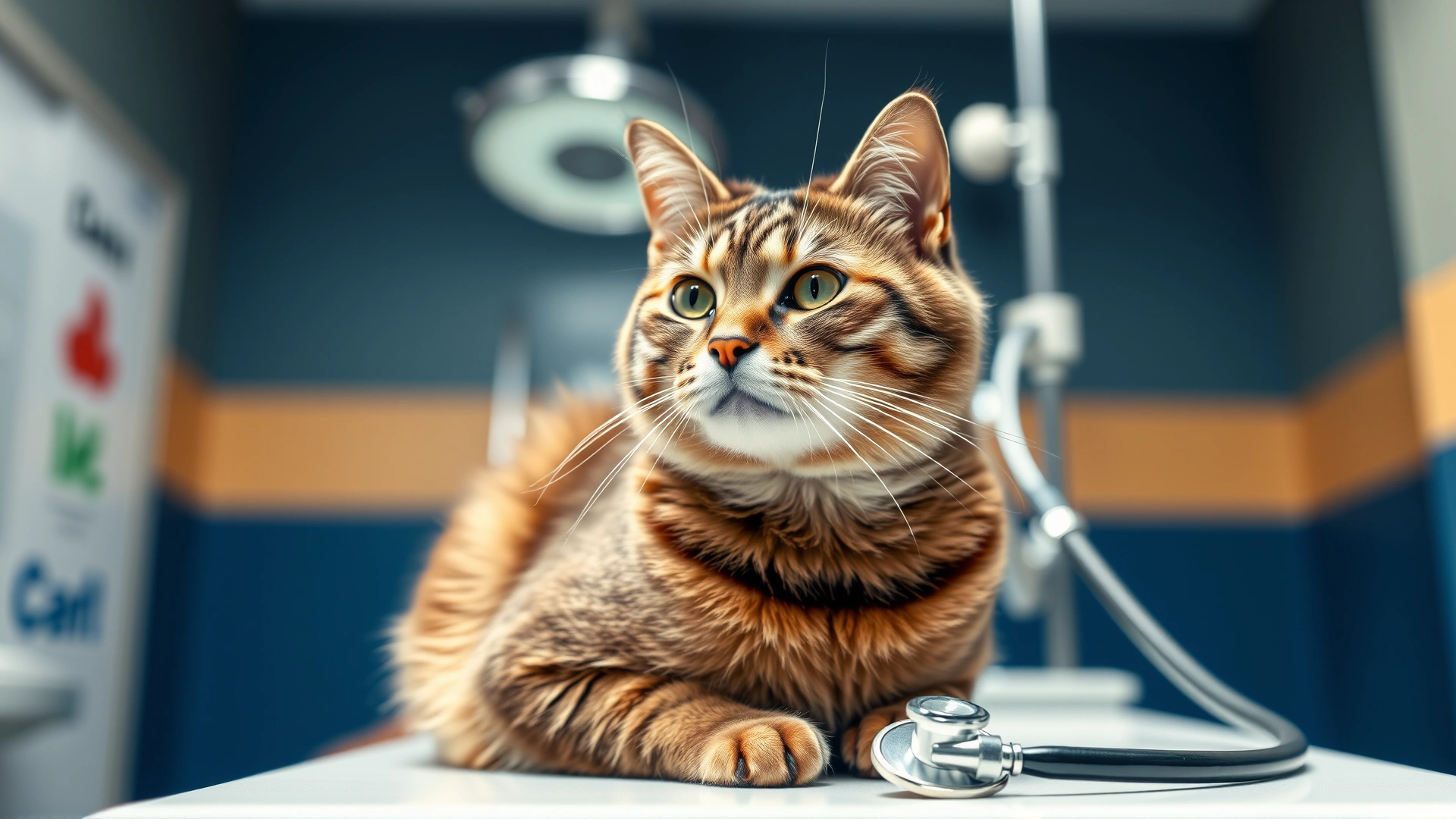 Calm adult cat sitting on an examination table with a veterinary stethoscope in the background, bright clinic lighting, no text, horizontal composition.