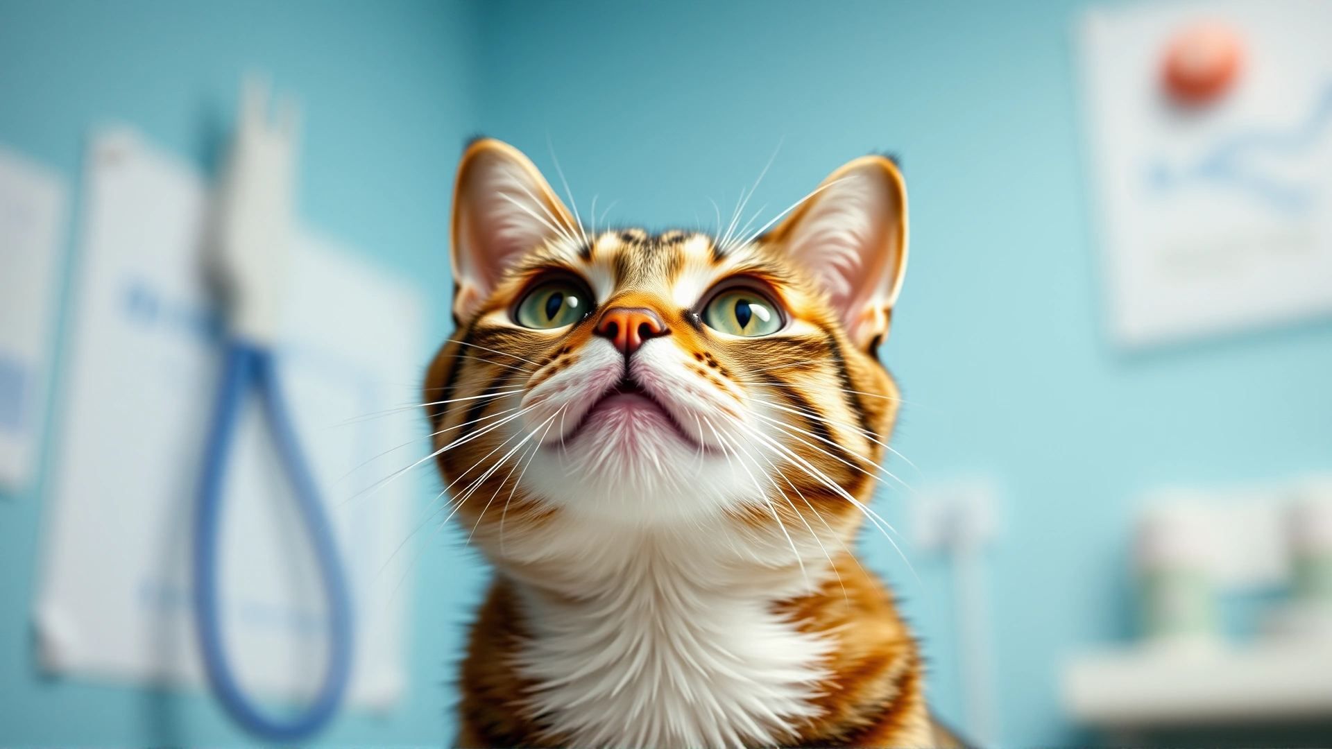 Close-up photo of a curious domestic cat looking upward while sitting on a veterinary examination table, soft clinic lighting, shallow depth of field, conveys alertness and concern