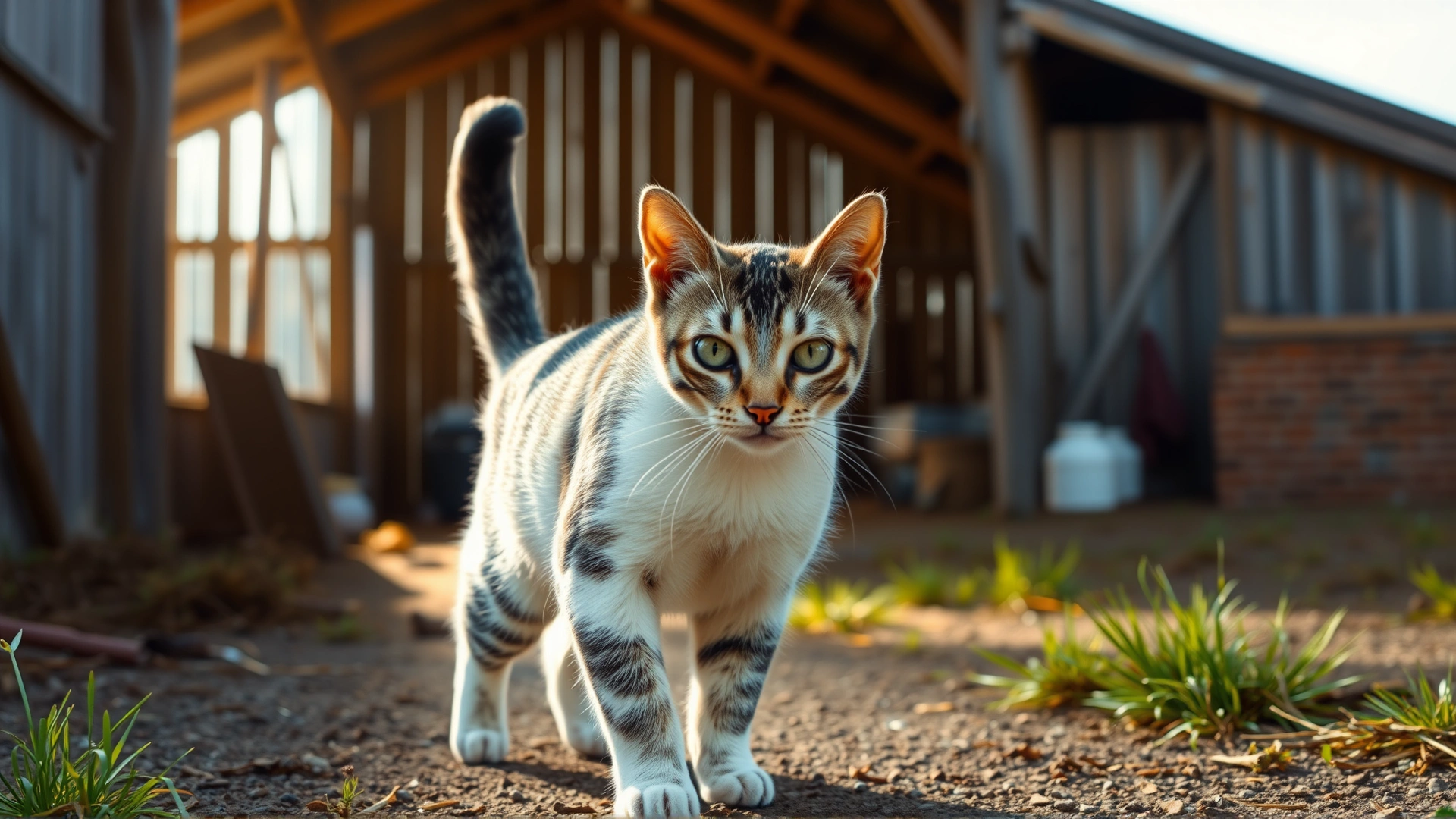Wide landscape photo of a curious domestic shorthair cat walking in a sun-lit rural barn, symbolizing the typical environment where the syndrome is more common.