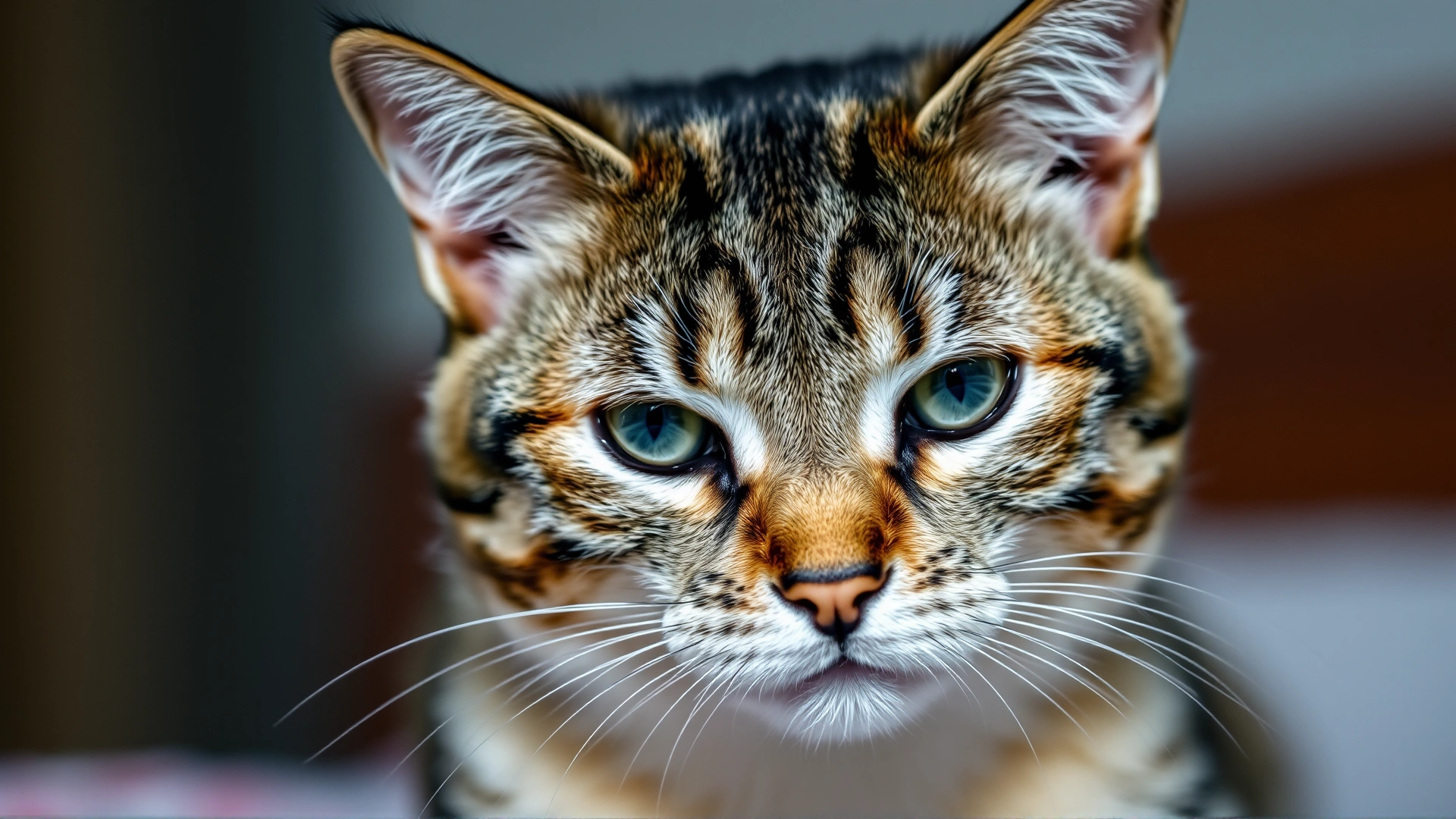 Close-up photo of a worried-looking tabby cat with soft lighting and shallow depth of field, conveying the seriousness of neurological illness, no text.