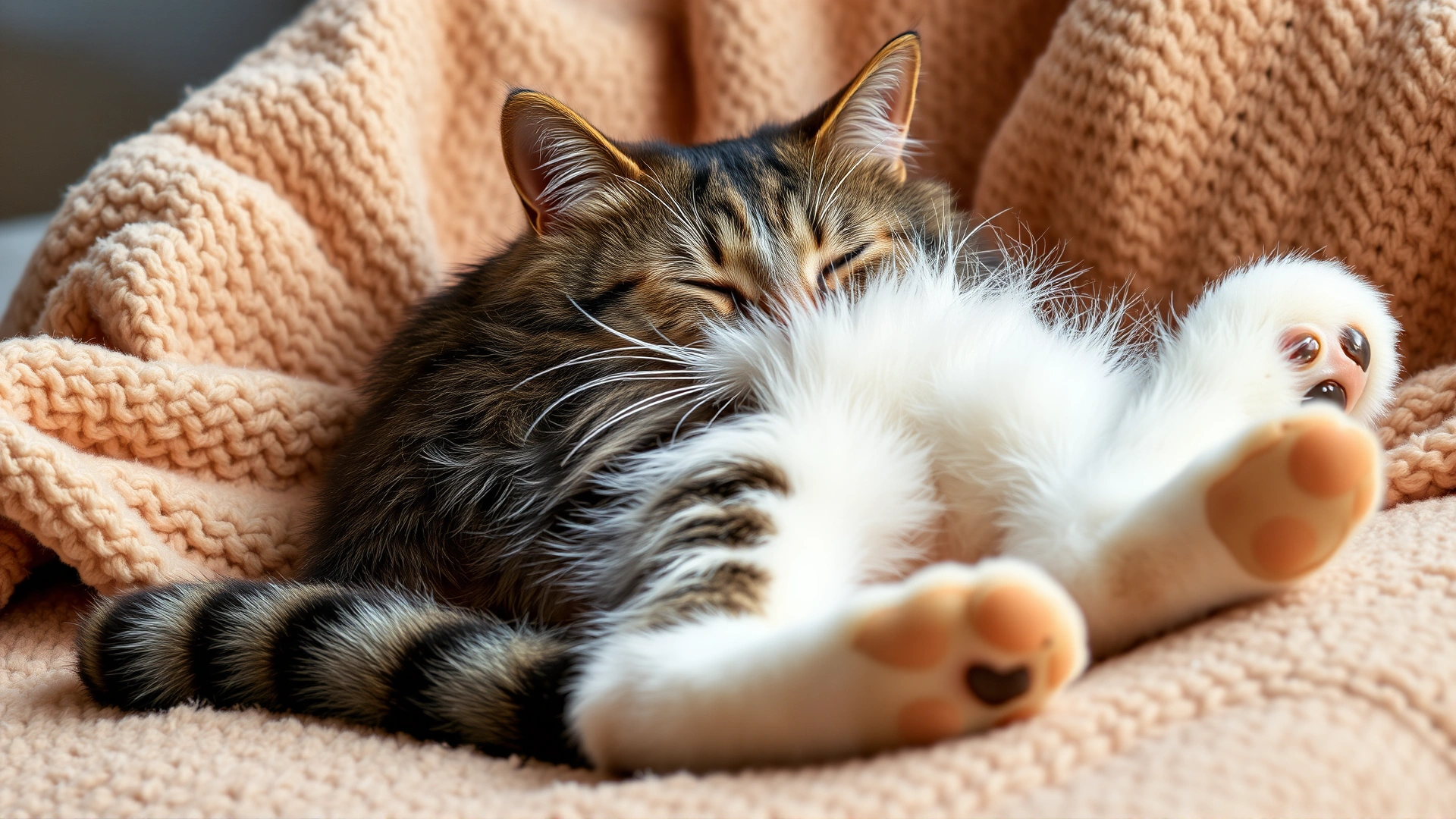 Relaxed domestic cat lying on a soft blanket with its hindquarters visible, illustrating comfort and well-being
