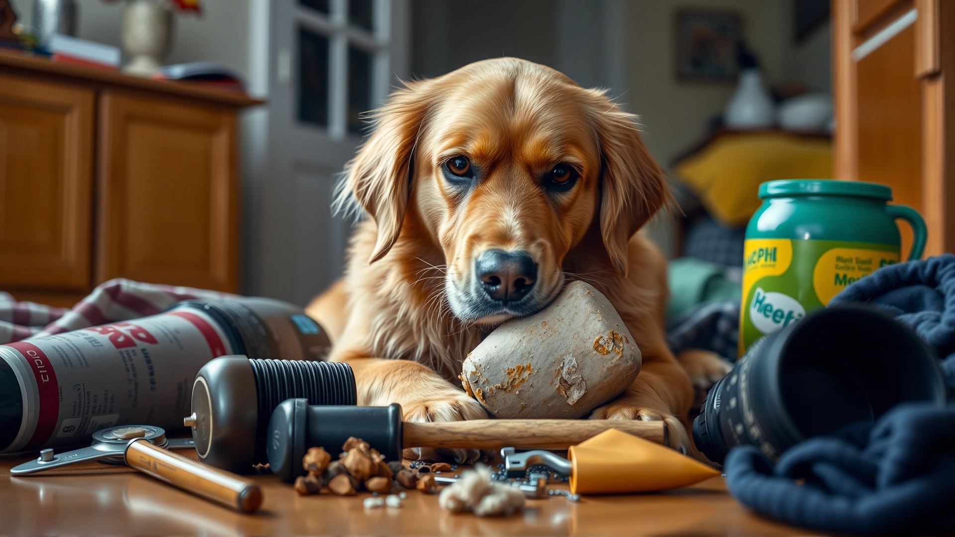 Anxious-looking golden retriever surrounded by various household items it has chewed, shot indoors, soft natural light, shallow depth of field.