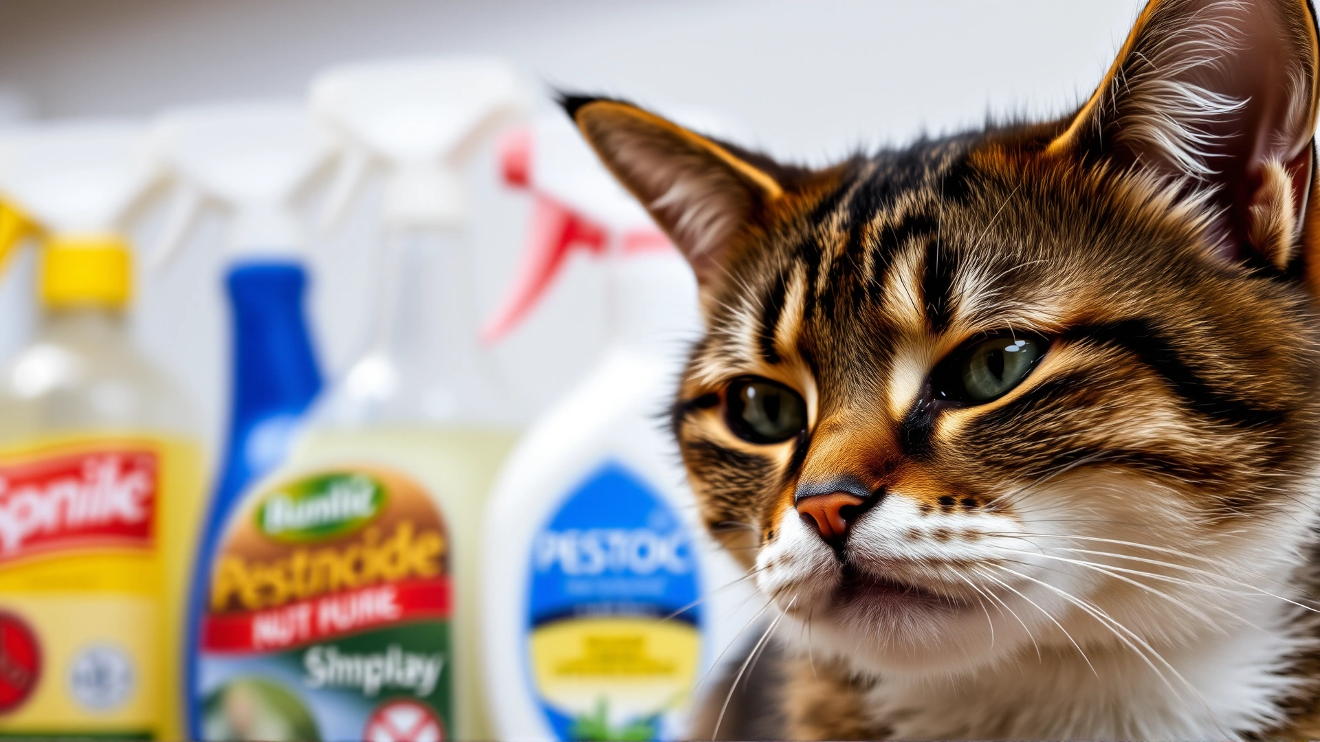 Close-up of a worried-looking tabby cat with blurred chemical spray bottles in the background, illustrating the risk of pesticide poisoning.