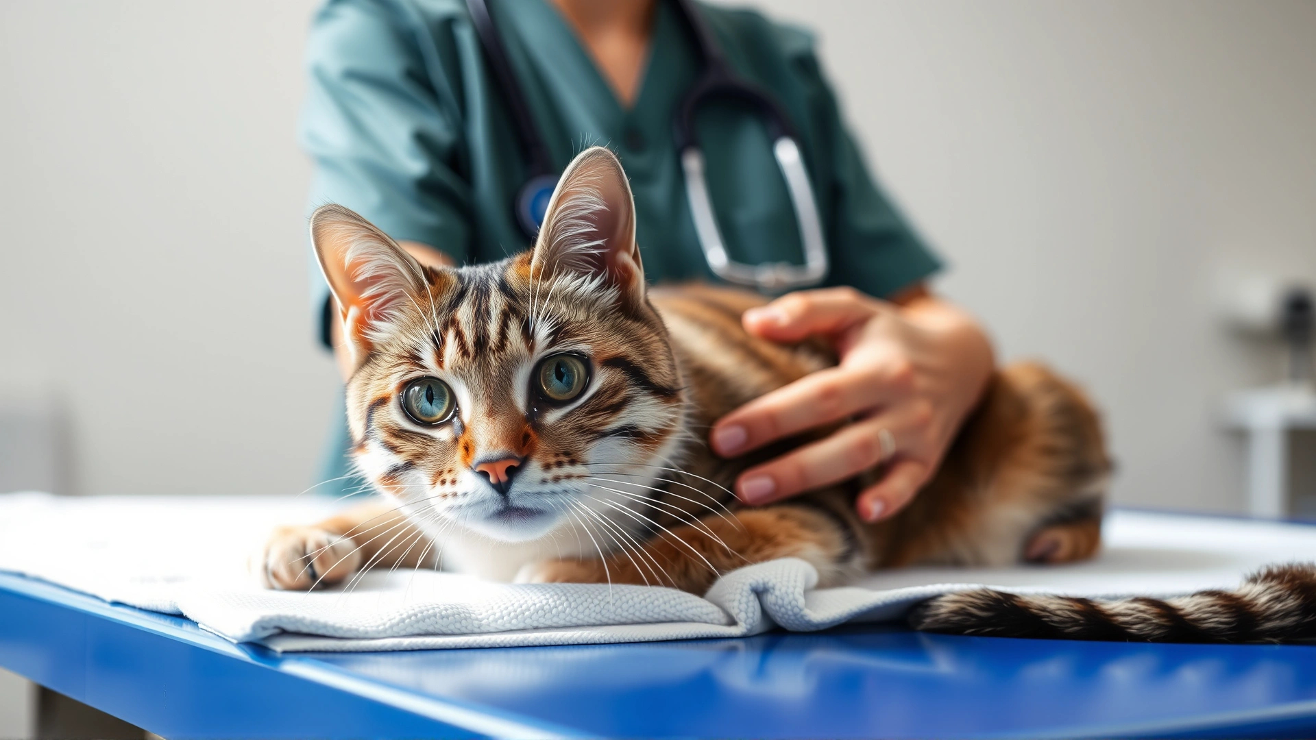 Domestic short-haired cat lying on a veterinary examination table with a veterinarian gently holding it, focus on the cat’s face, clinical setting, bright lighting
