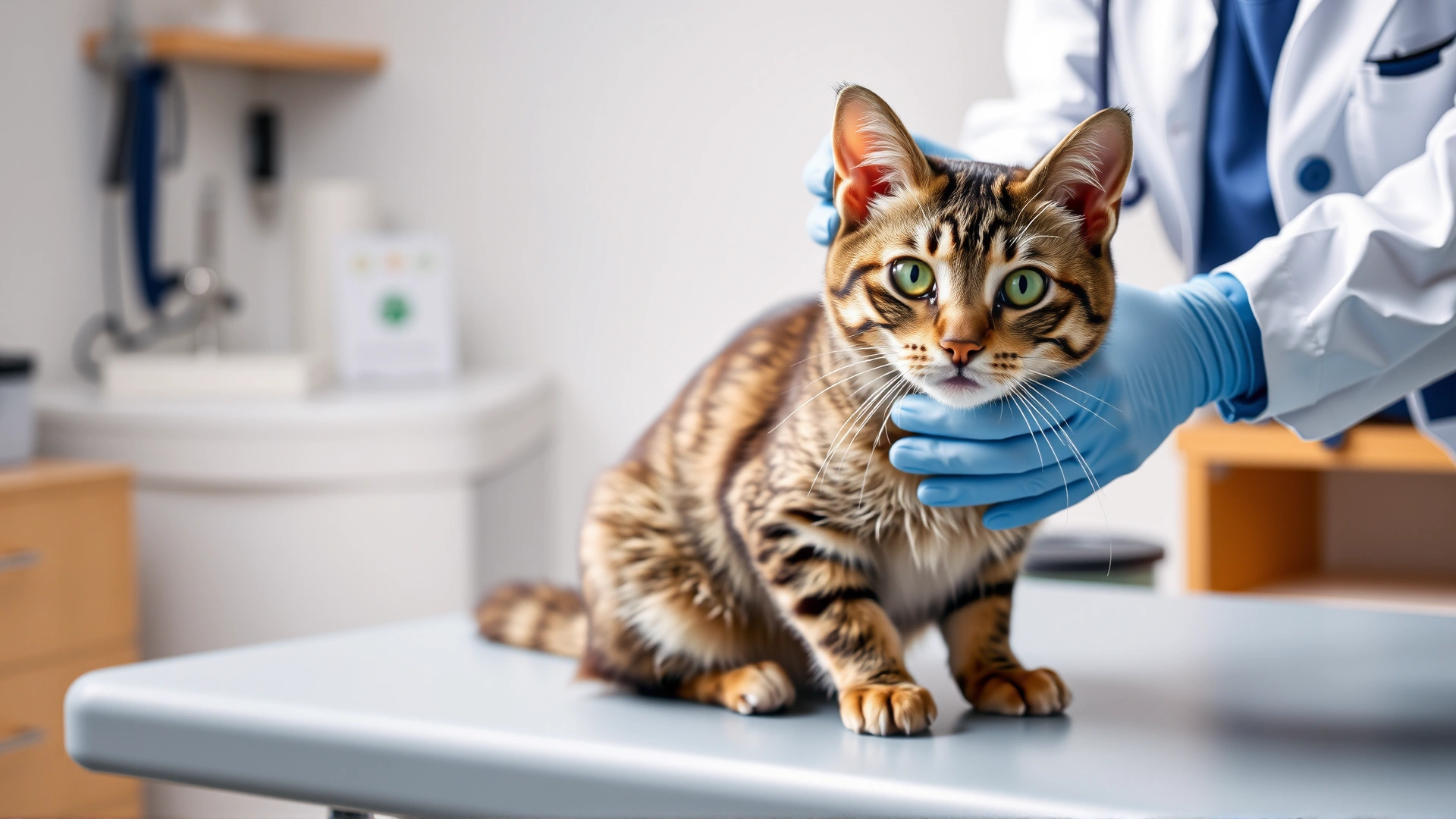 Full-width image of a domestic short-haired cat sitting on a sofa, head slightly tilted with a concerned expression, softly blurred background to create a hero header mood.