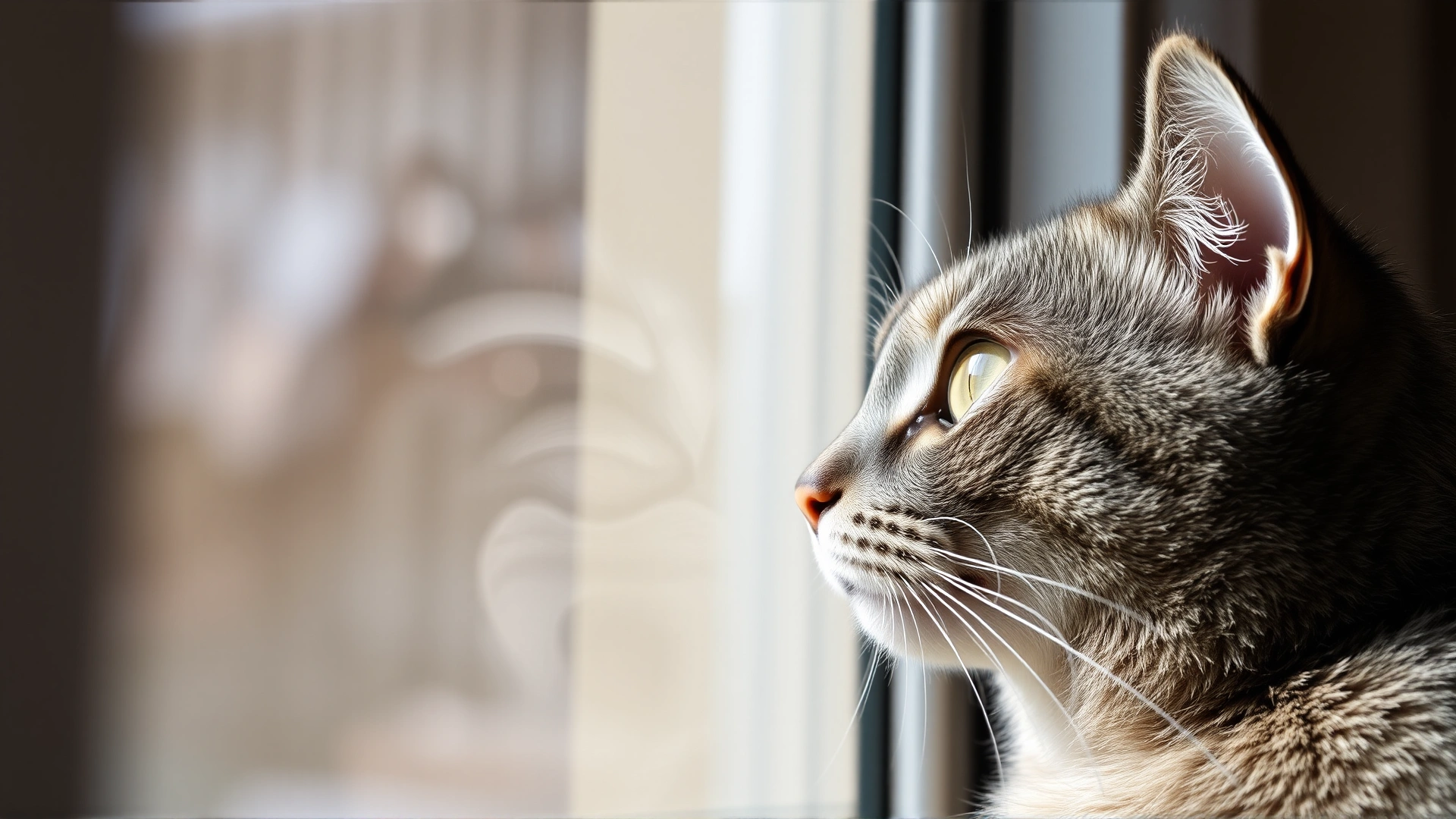 Close-up of a senior grey tabby cat gazing out of a sunlit window, capturing a sense of contemplation and aging grace