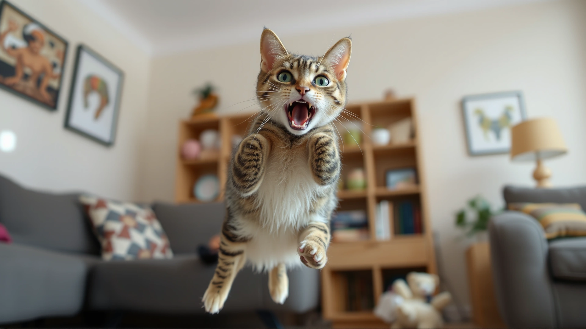 A domestic shorthair cat caught mid-jump, startled by a sudden loud noise, with slight motion blur in a cozy living room.