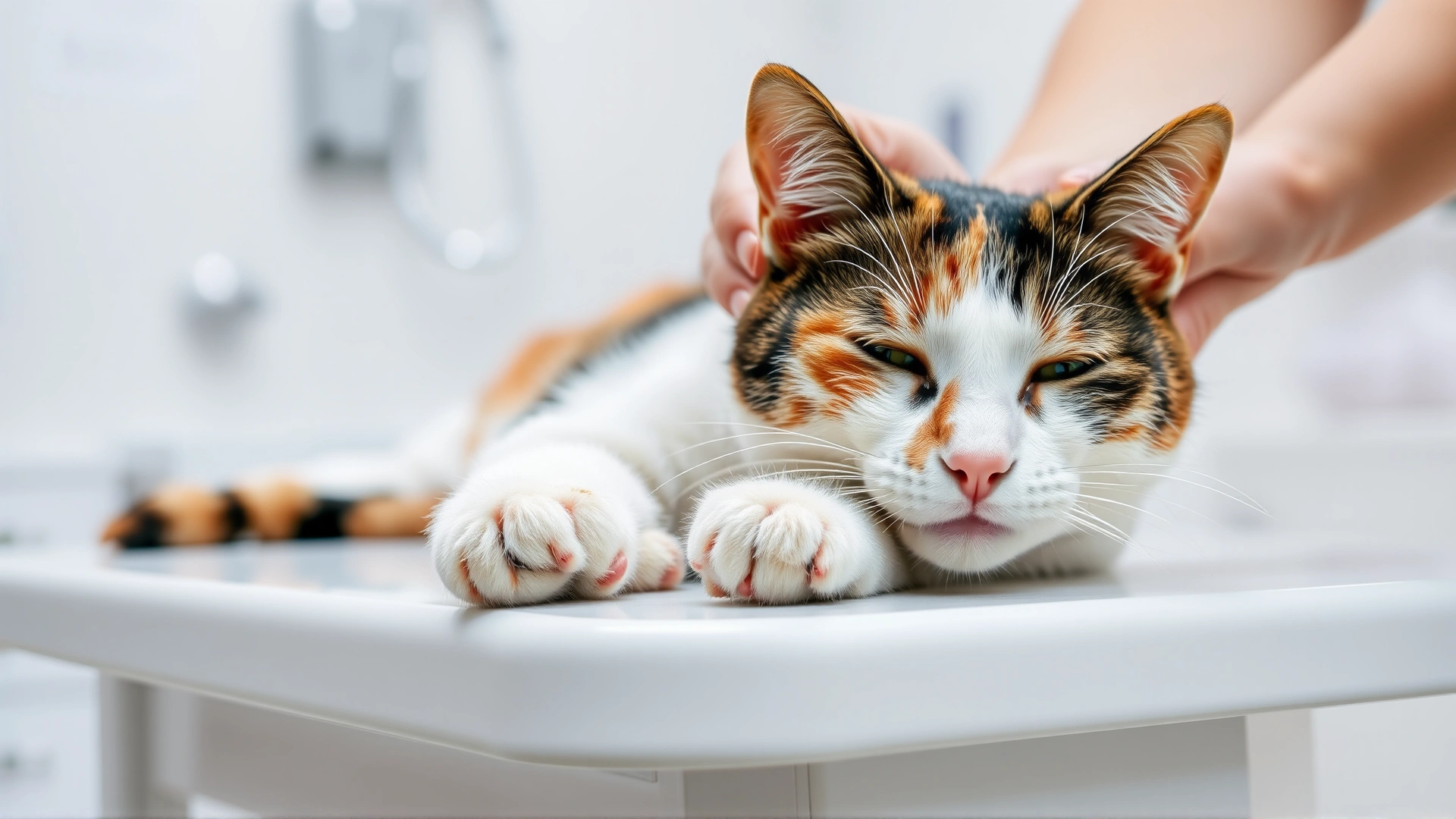 Wide shot of a calico cat looking lethargic while resting its head on a white veterinary clinic table, veterinarian hands gently supporting the cat, soft natural light, shallow depth of field.