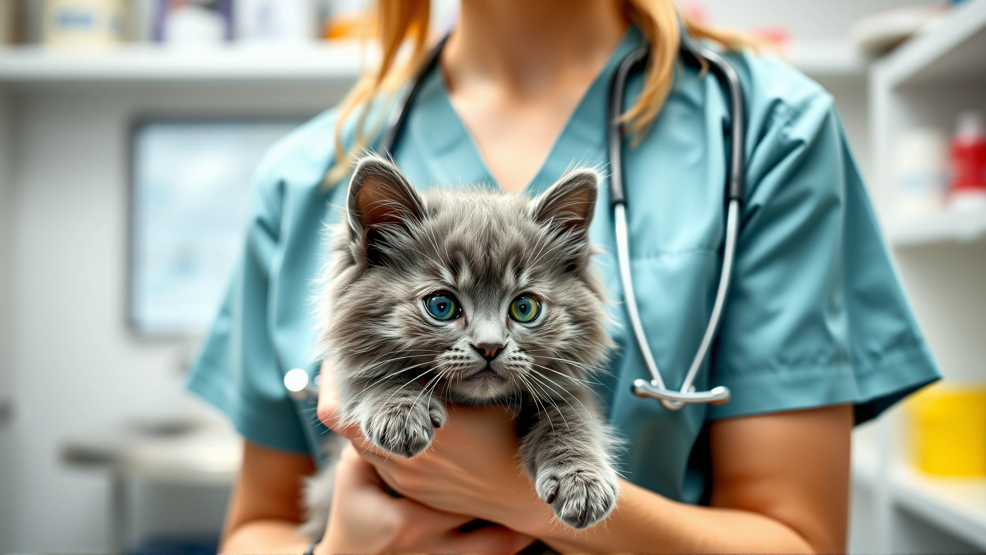 Wide high-resolution photo of a veterinarian in scrubs gently holding a fluffy gray kitten in a bright clinic, conveying professional pet care and medical context