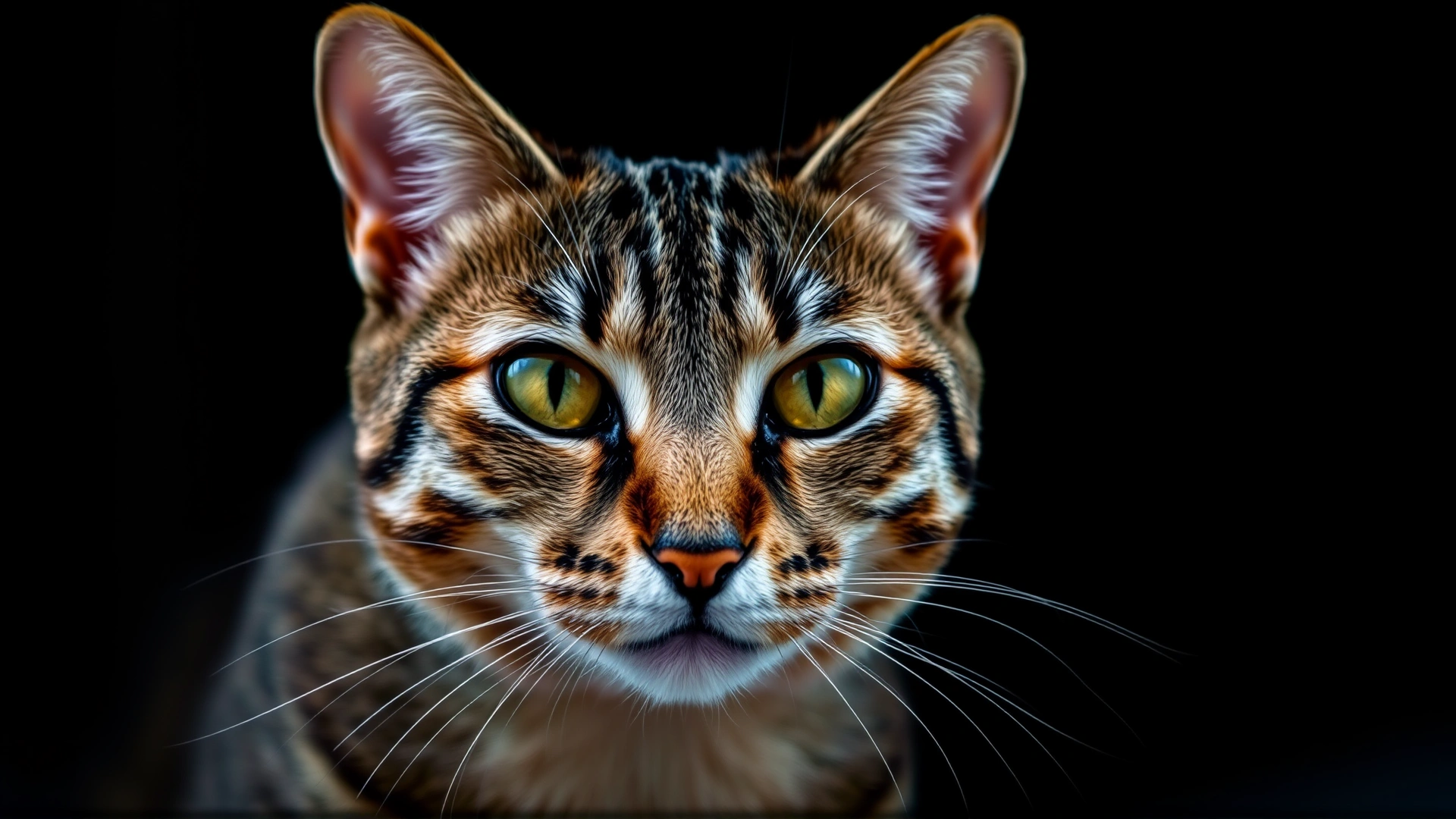 Close-up portrait of an alert tabby cat with dilated pupils against a dark blurred background, representing overstimulation