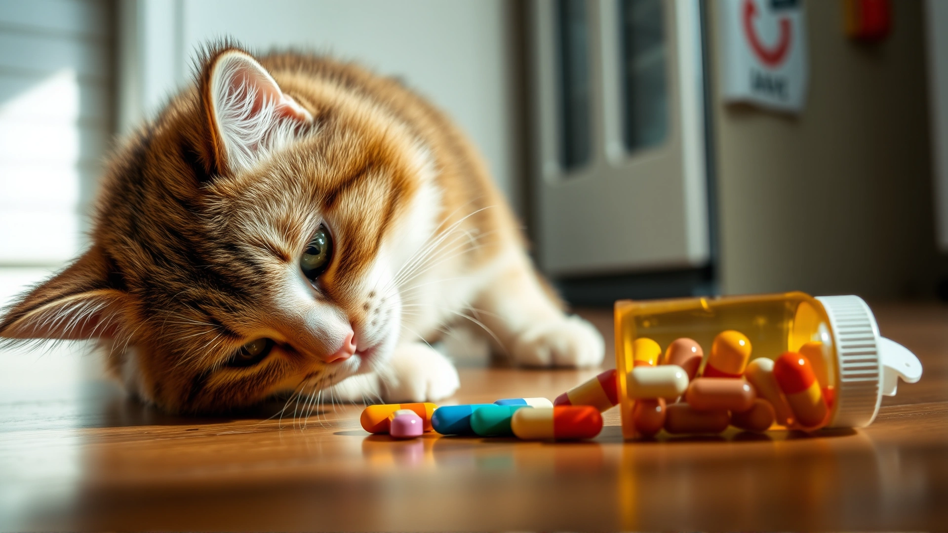 Close-up of an inquisitive cat sniffing at a tipped-over pill bottle with colorful tablets on a kitchen floor, shallow depth of field, soft natural lighting