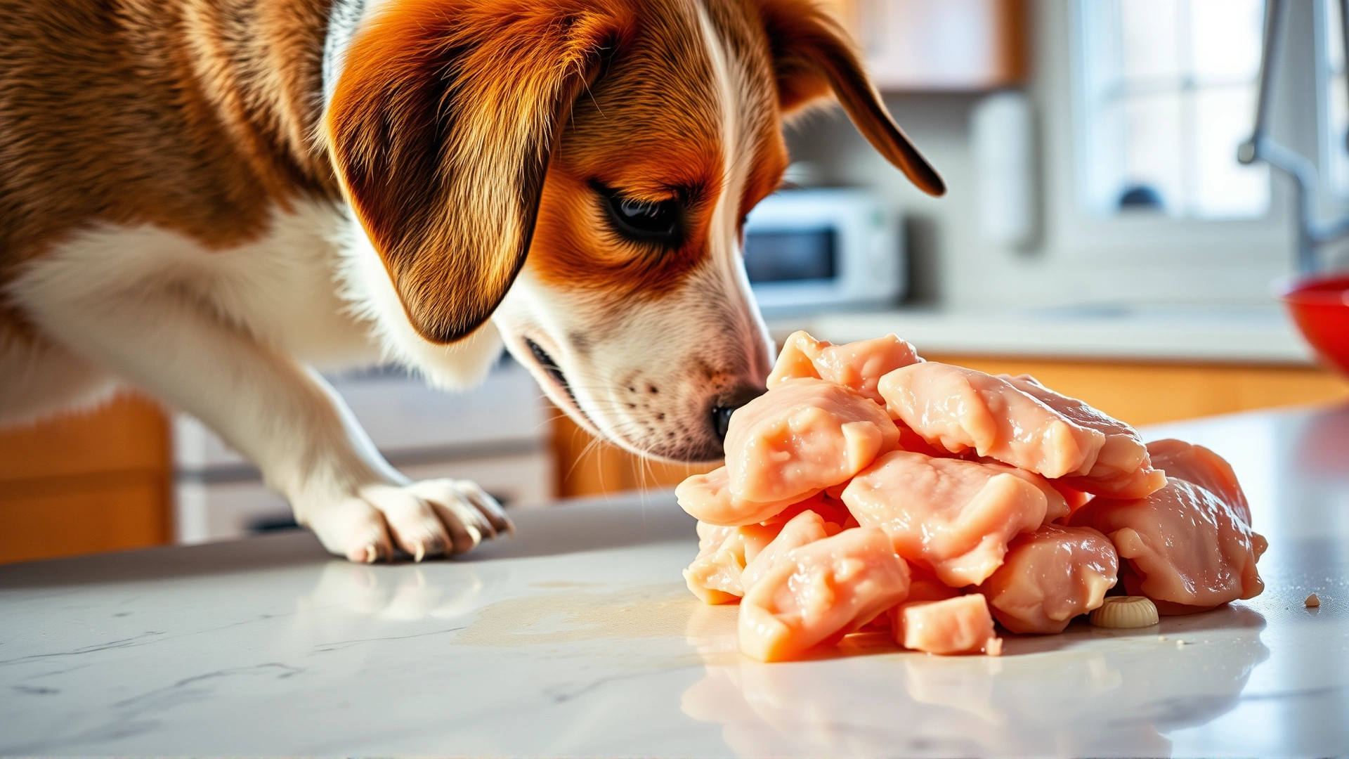 Dog sniffing raw chicken pieces on a kitchen counter, daylight setting, represents risk of salmonella from raw food.