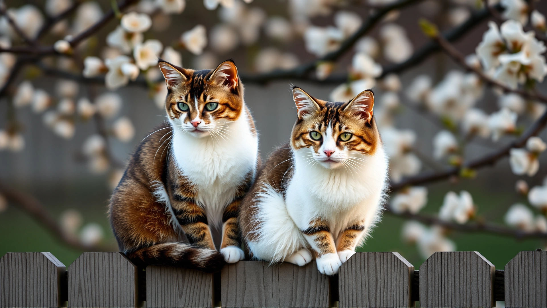 A wide horizontal image of a male and female domestic cat sitting together on a wooden fence during spring, blossoms in the background, soft warm lighting.