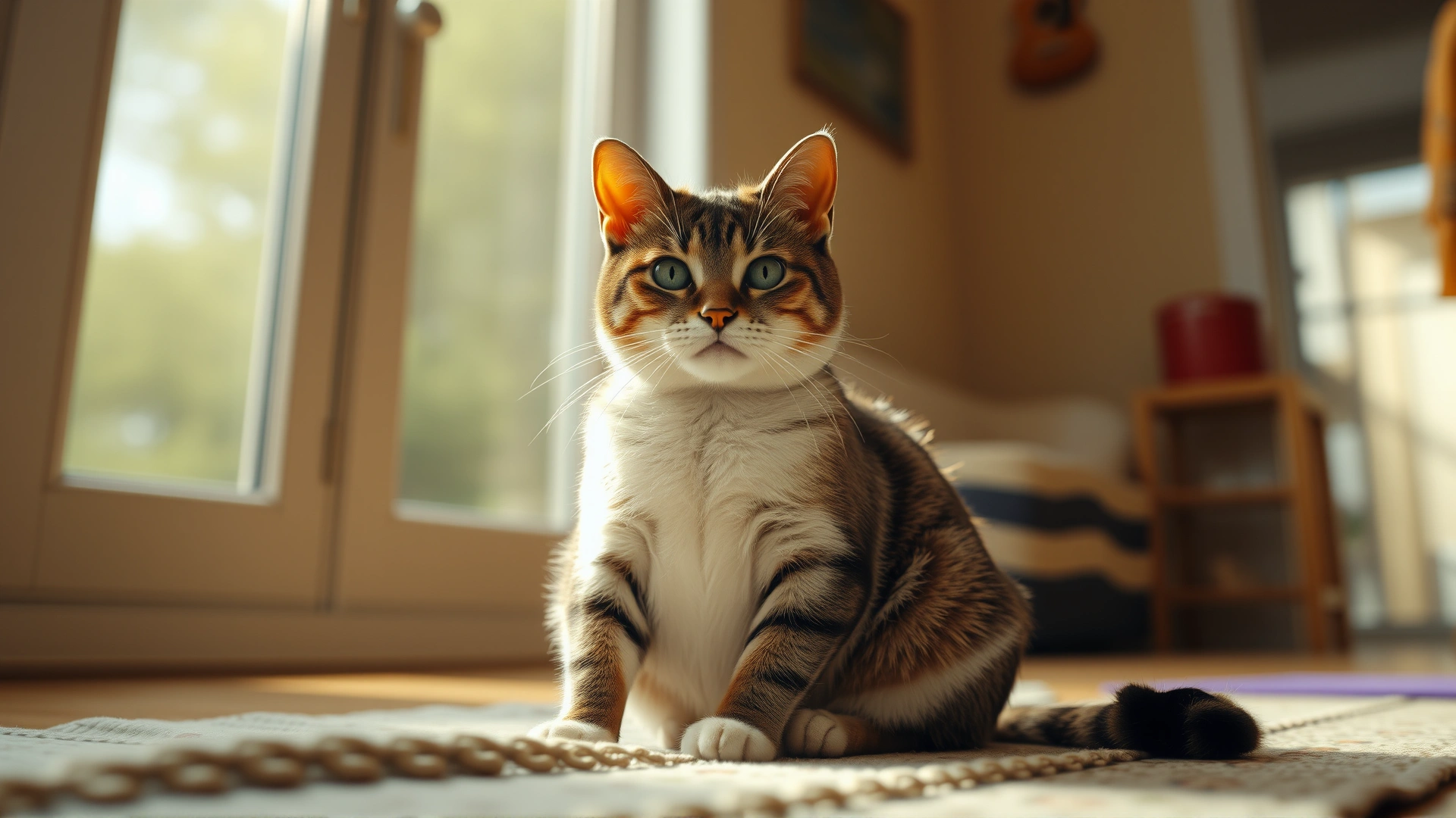 Wide-angle shot of a pregnant cat sitting in a warm home environment with soft natural light coming through the window, conveying calmness and anticipation.