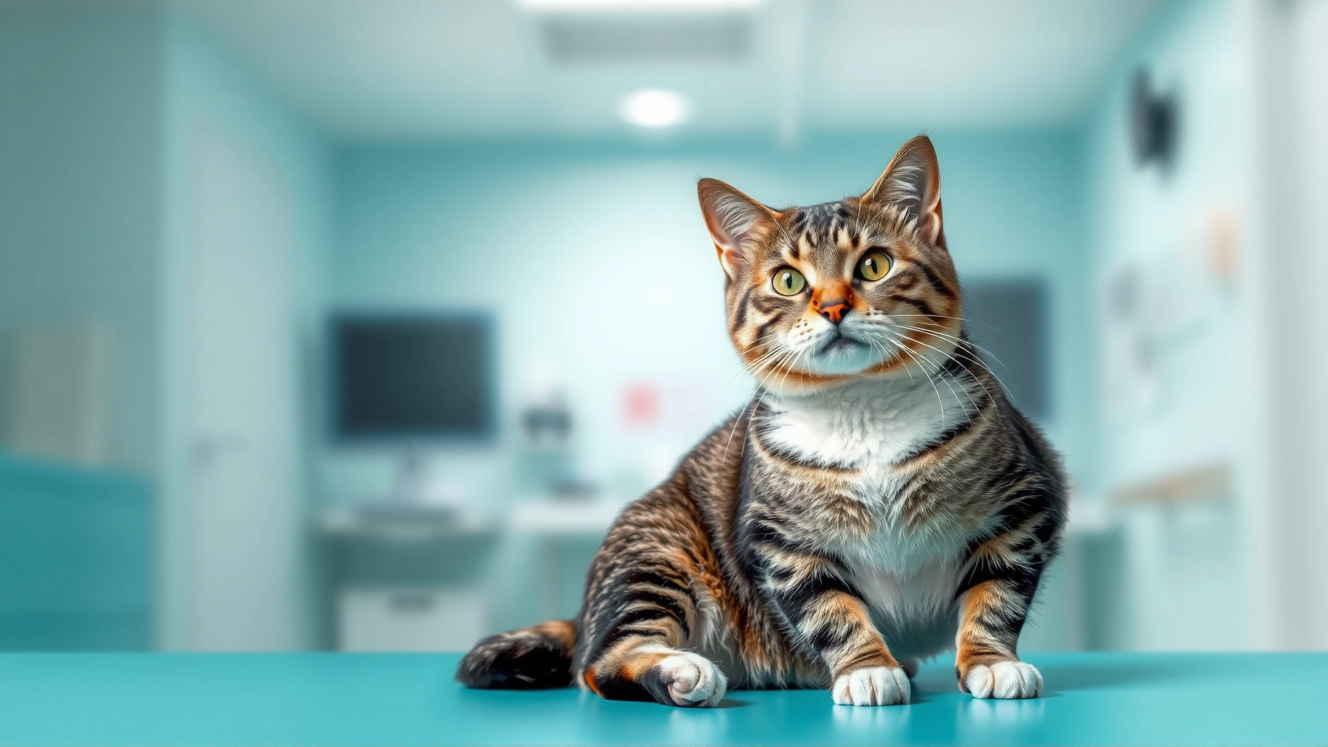 Portrait of a healthy adult male cat sitting confidently with a soft-focus veterinary clinic background