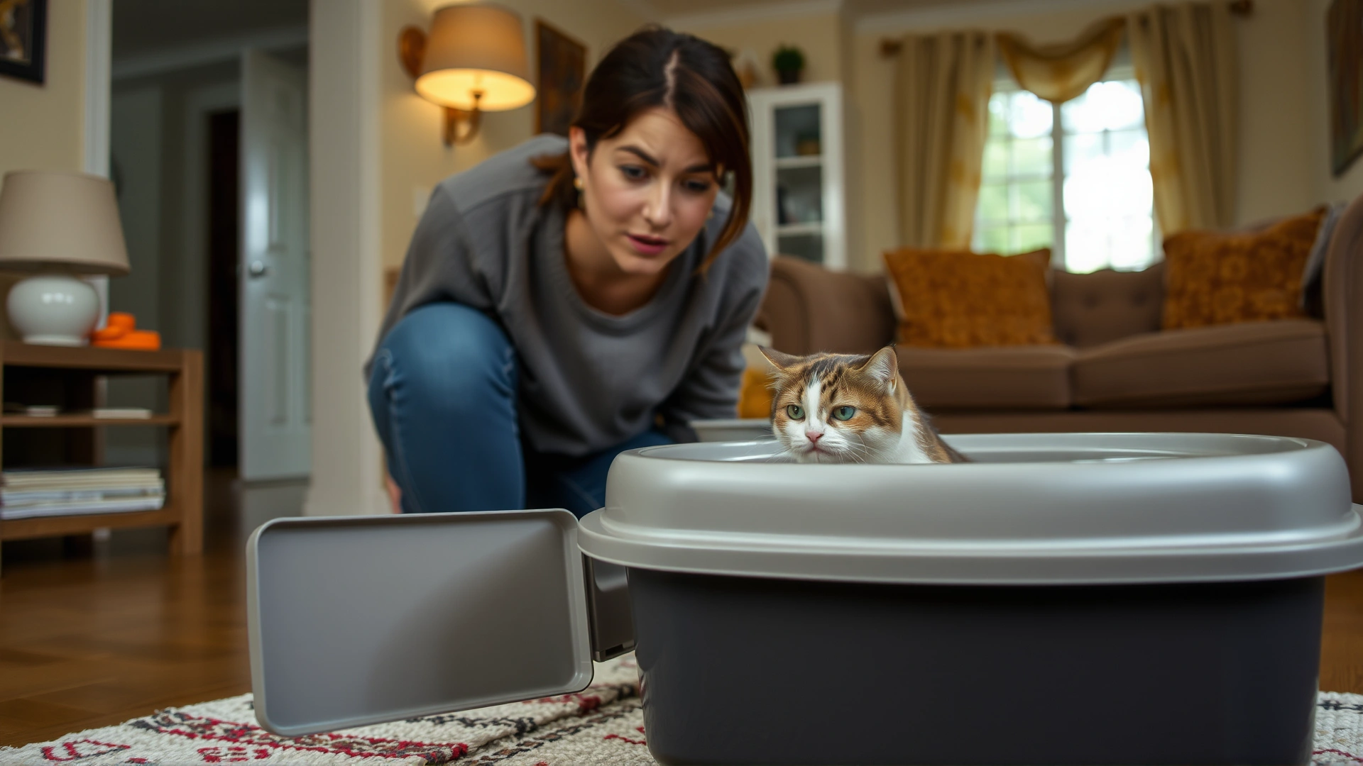 Photo of a worried cat owner observing her male cat who is straining inside a litter box in a cozy home interior with natural lighting.